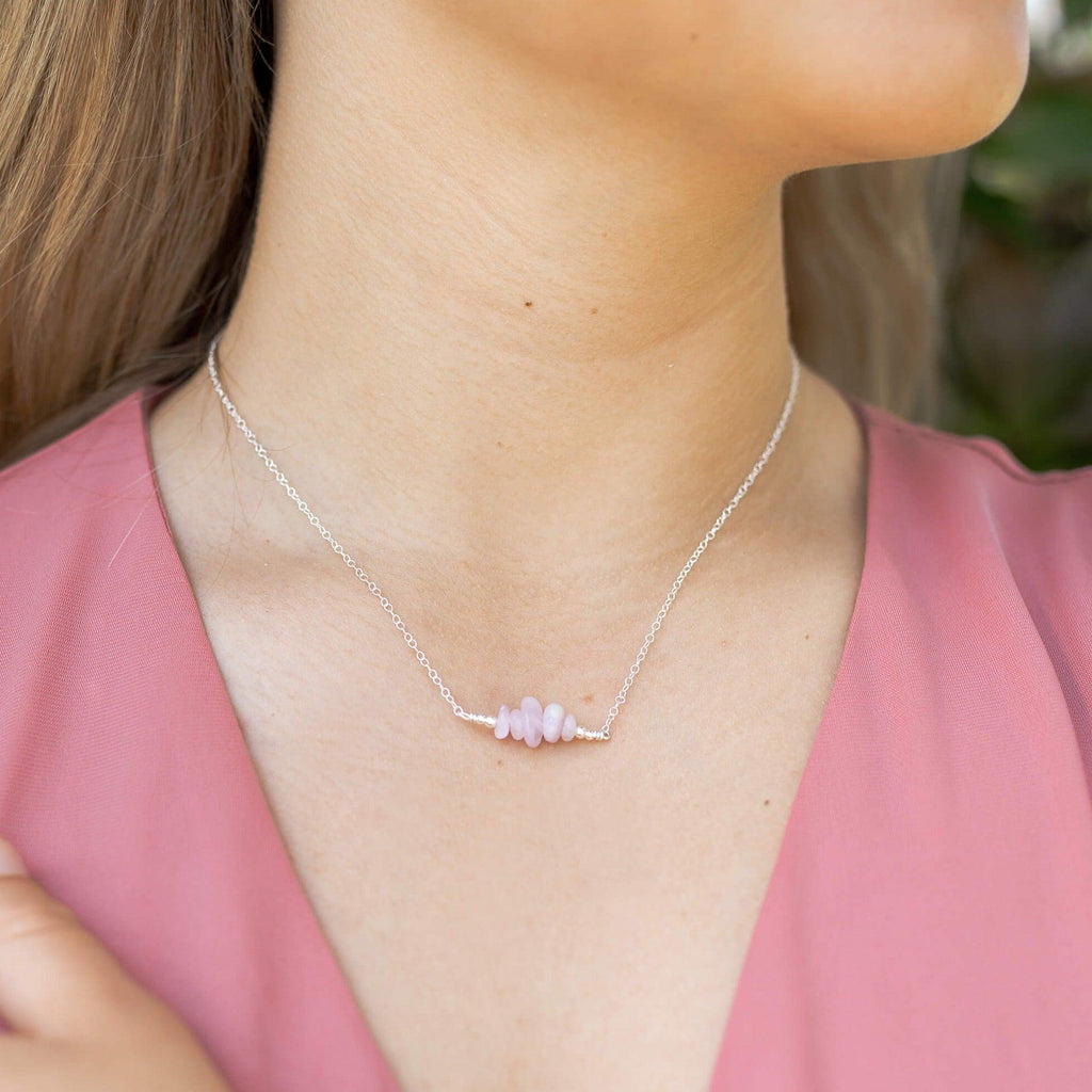 Kunzite Chip Bead Bar Necklace - Kunzite Chip Bead Bar Necklace - Sterling Silver - Luna Tide Handmade Crystal Jewellery
