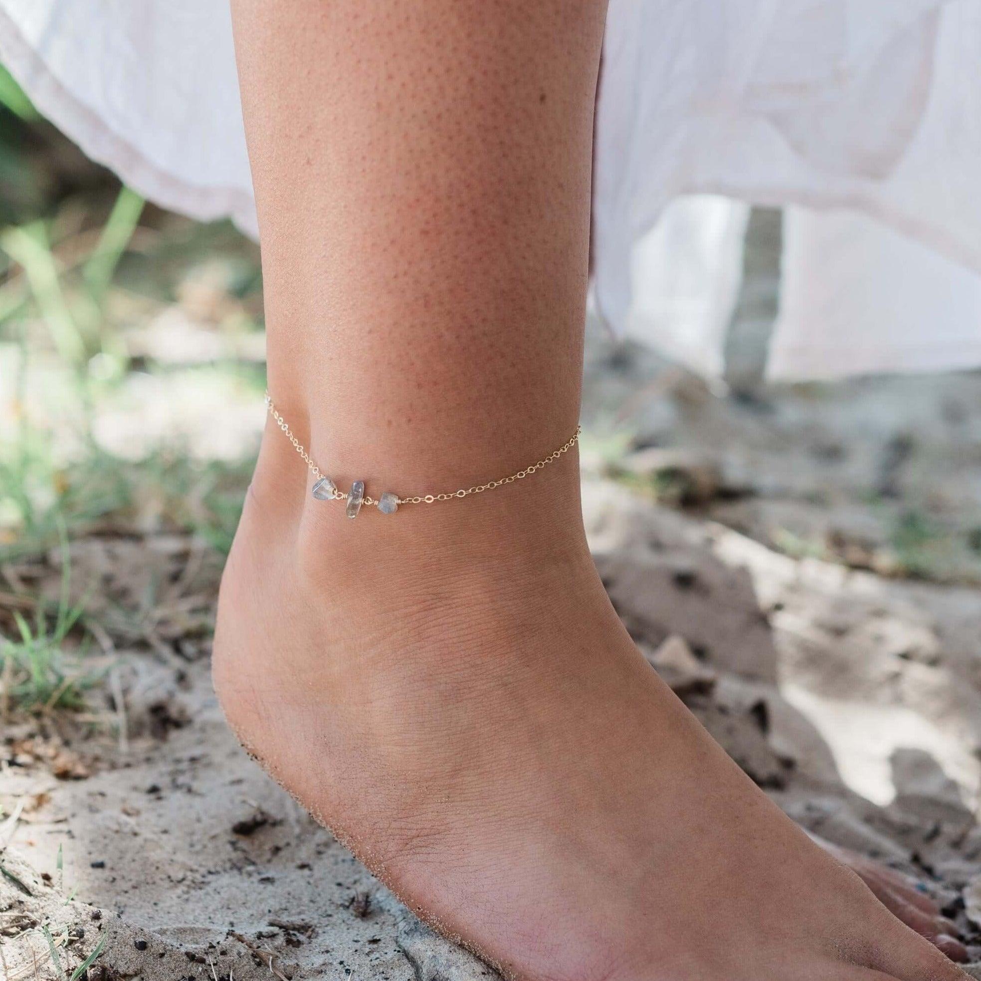 Labradorite Beaded Chain Anklet - Labradorite Beaded Chain Anklet - Sterling Silver - Luna Tide Handmade Crystal Jewellery