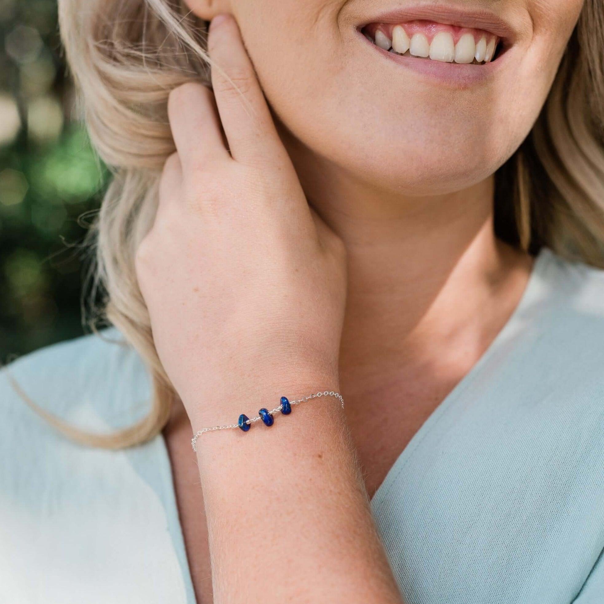 Lapis Lazuli Beaded Chain Bracelet - Lapis Lazuli Beaded Chain Bracelet - Sterling Silver - Luna Tide Handmade Crystal Jewellery