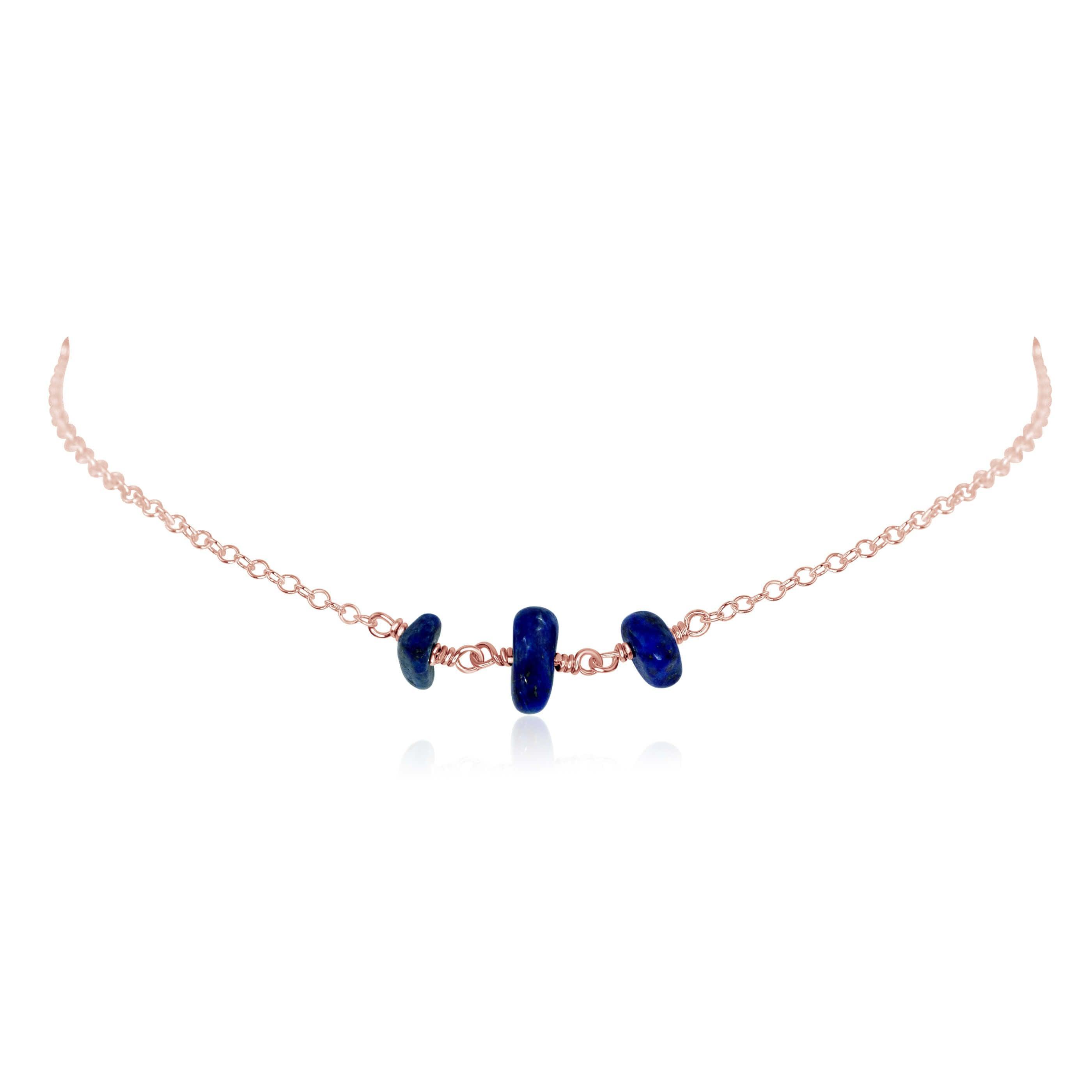 Lapis Lazuli Beaded Chain Choker Necklace - Lapis Lazuli Beaded Chain Choker Necklace - 14k Rose Gold Fill - Luna Tide Handmade Crystal Jewellery