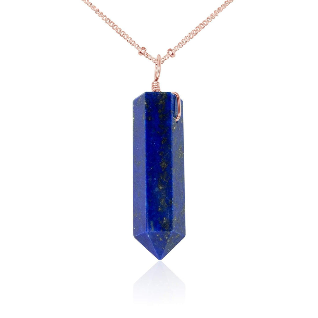 Lapis Lazuli Gemstone Generator Tower Point Pendant Necklace - Lapis Lazuli Gemstone Generator Tower Point Pendant Necklace - 14k Rose Gold Fill / Satellite - Luna Tide Handmade Crystal Jewellery