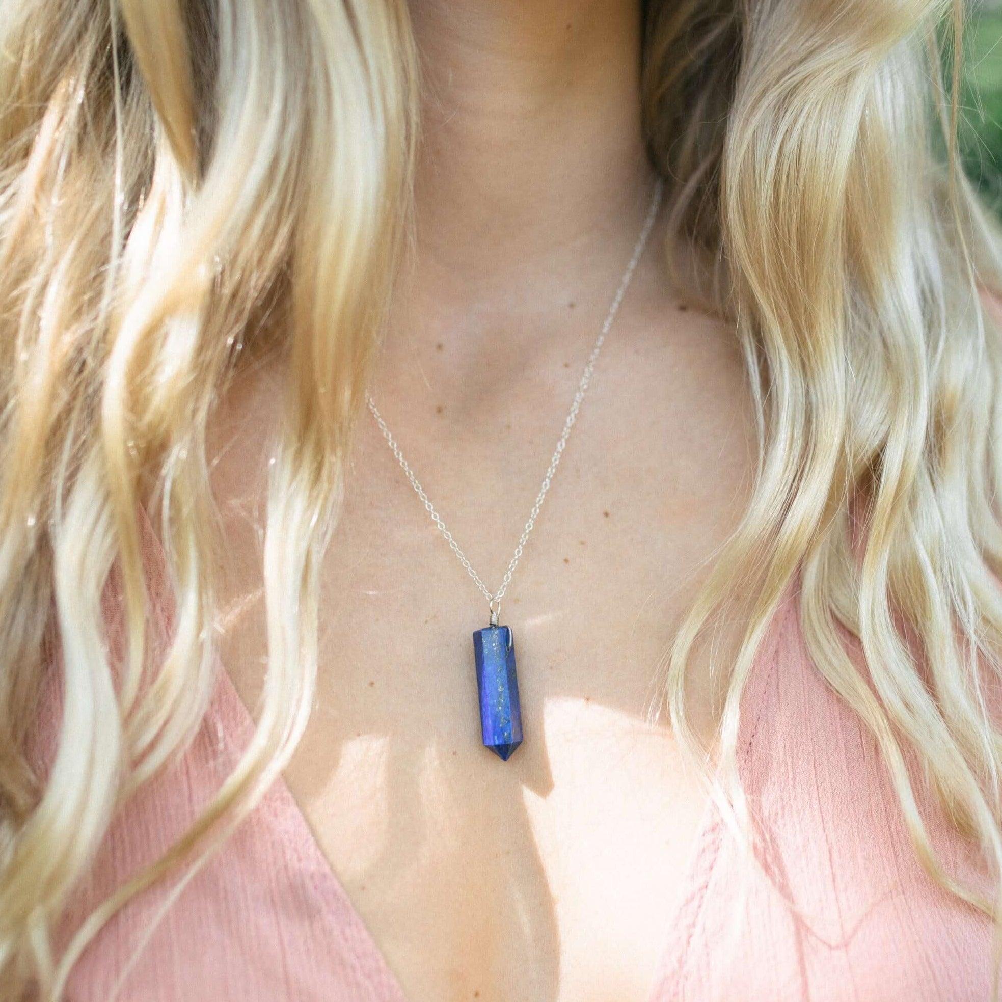 Lapis Lazuli Gemstone Generator Tower Point Pendant Necklace - Lapis Lazuli Gemstone Generator Tower Point Pendant Necklace - Sterling Silver / Satellite - Luna Tide Handmade Crystal Jewellery