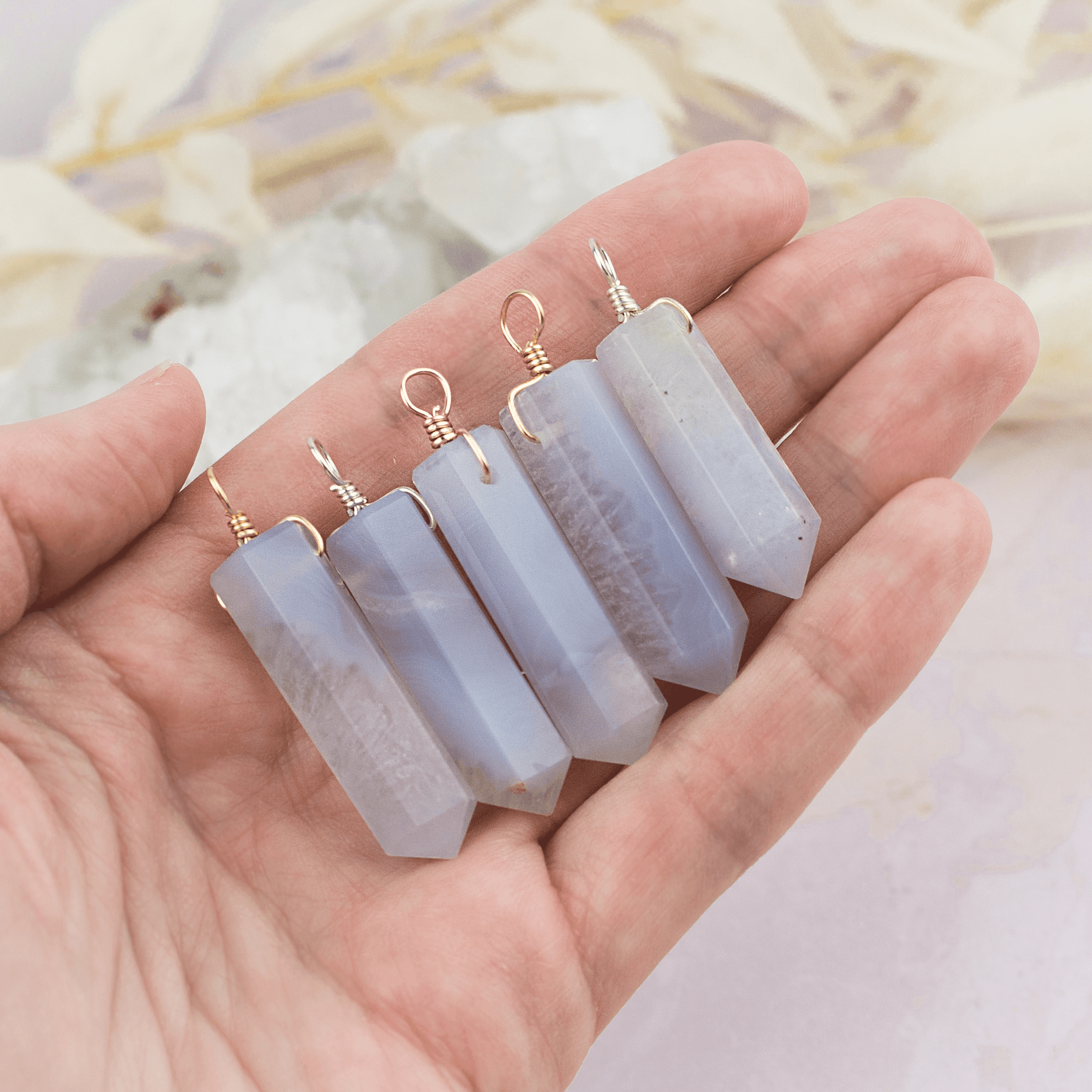 Large Blue Lace Agate Crystal Tower Point Generator Pendant - Large Blue Lace Agate Crystal Tower Point Generator Pendant - Sterling Silver - Luna Tide Handmade Crystal Jewellery