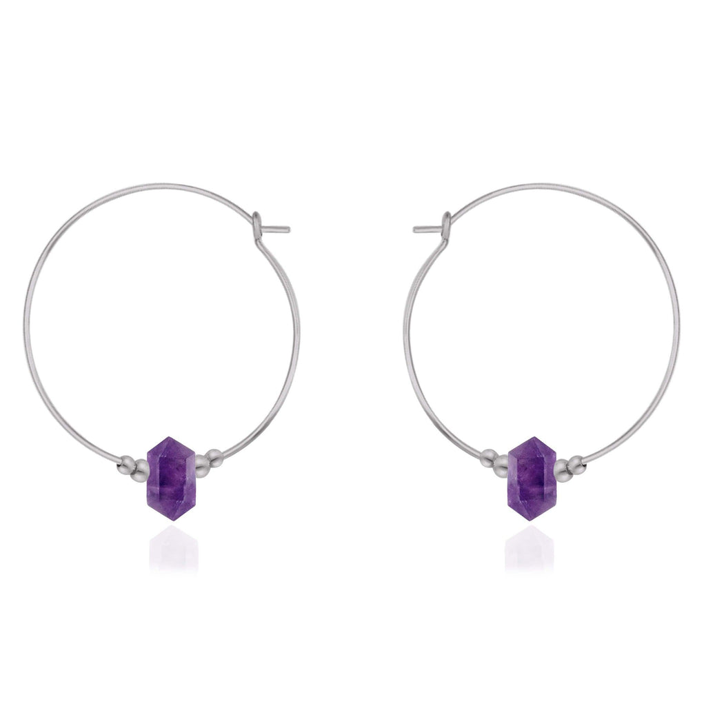 Large Hoop Amethyst Double Terminated Crystal Point Earrings - Large Hoop Amethyst Double Terminated Crystal Point Earrings - Stainless Steel - Luna Tide Handmade Crystal Jewellery