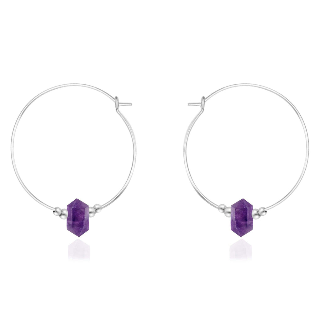 Large Hoop Amethyst Double Terminated Crystal Point Earrings - Large Hoop Amethyst Double Terminated Crystal Point Earrings - Sterling Silver - Luna Tide Handmade Crystal Jewellery