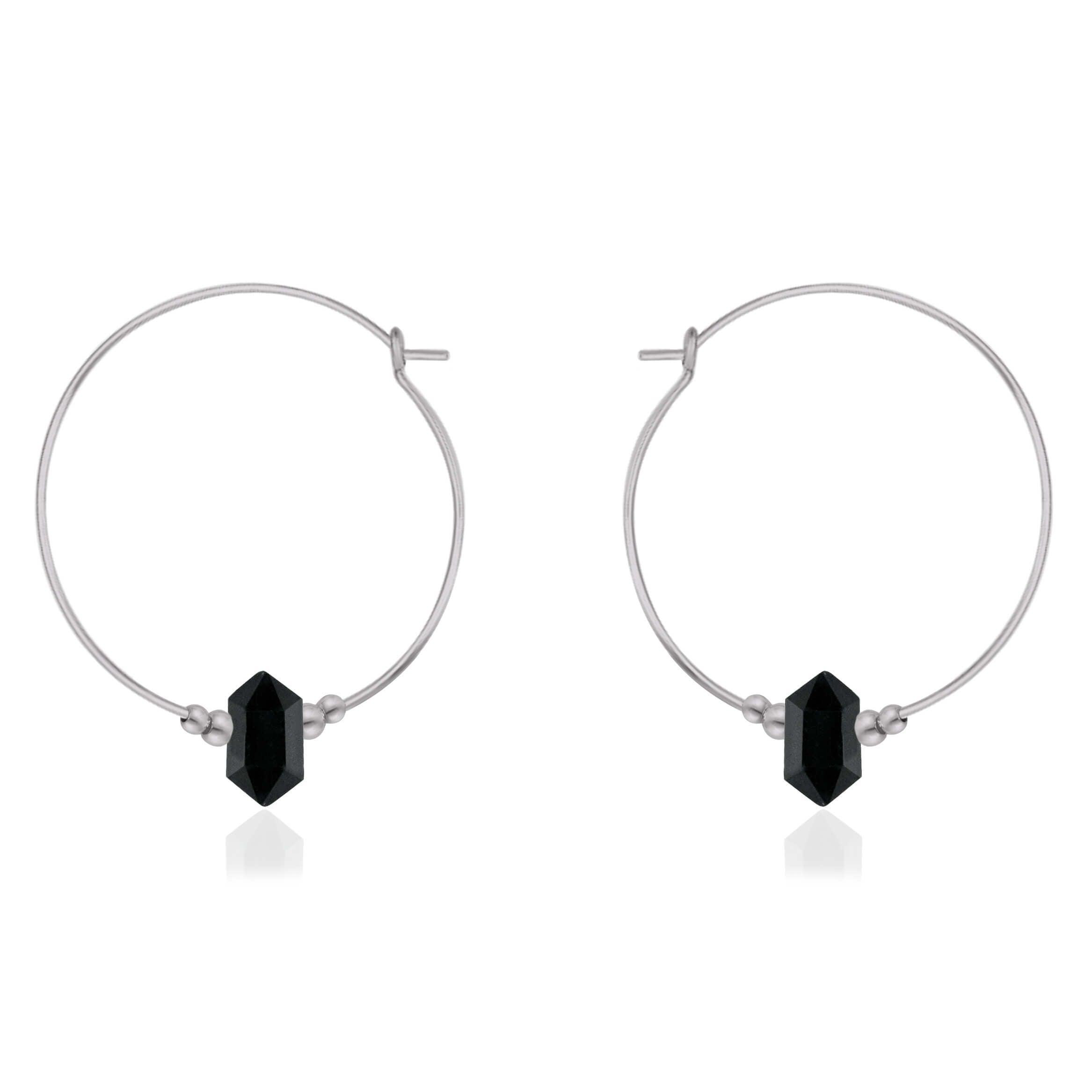 Large Hoop Black Tourmaline Double Terminated Crystal Point Earrings - Large Hoop Black Tourmaline Double Terminated Crystal Point Earrings - Stainless Steel - Luna Tide Handmade Crystal Jewellery