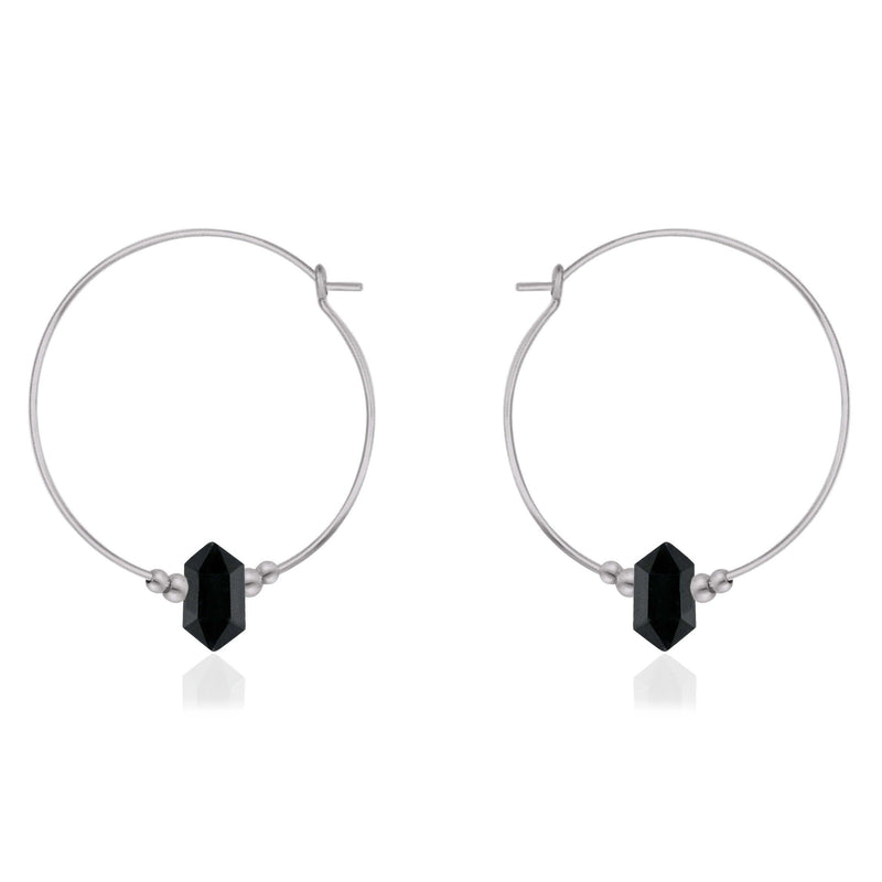 Large Double Terminated Crystal Hoop Earrings - Black Tourmaline - Stainless Steel - Luna Tide Handmade Jewellery