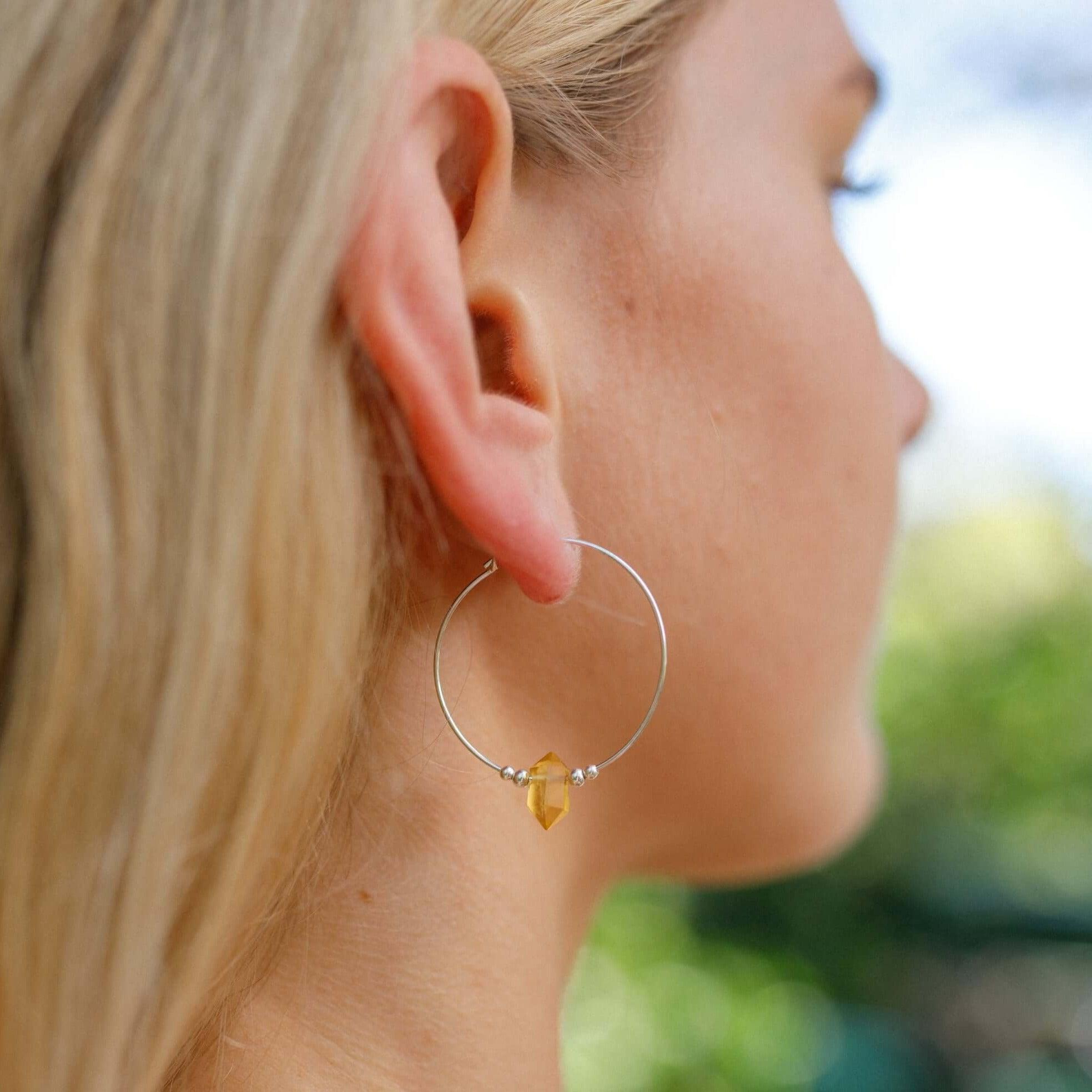 Large Hoop Citrine Double Terminated Crystal Point Earrings - Large Hoop Citrine Double Terminated Crystal Point Earrings - 14k Gold Fill - Luna Tide Handmade Crystal Jewellery