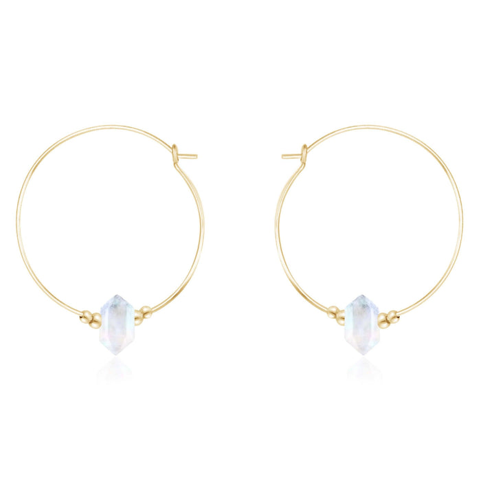 Large Double Terminated Crystal Hoop Earrings - Rainbow Moonstone - 14K Gold Fill - Luna Tide Handmade Jewellery