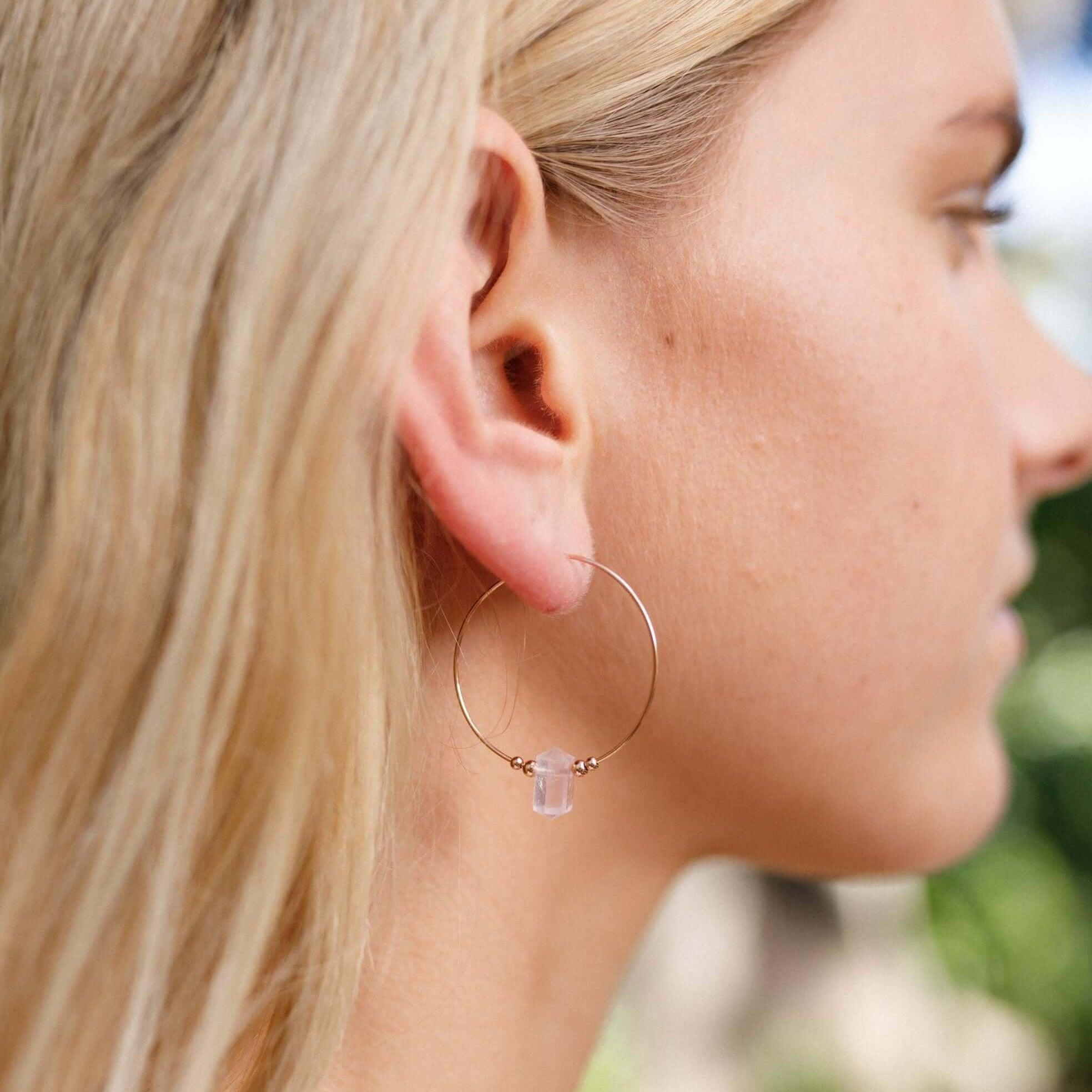 Large Hoop Rose Quartz Double Terminated Crystal Point Earrings - Large Hoop Rose Quartz Double Terminated Crystal Point Earrings - 14k Gold Fill - Luna Tide Handmade Crystal Jewellery