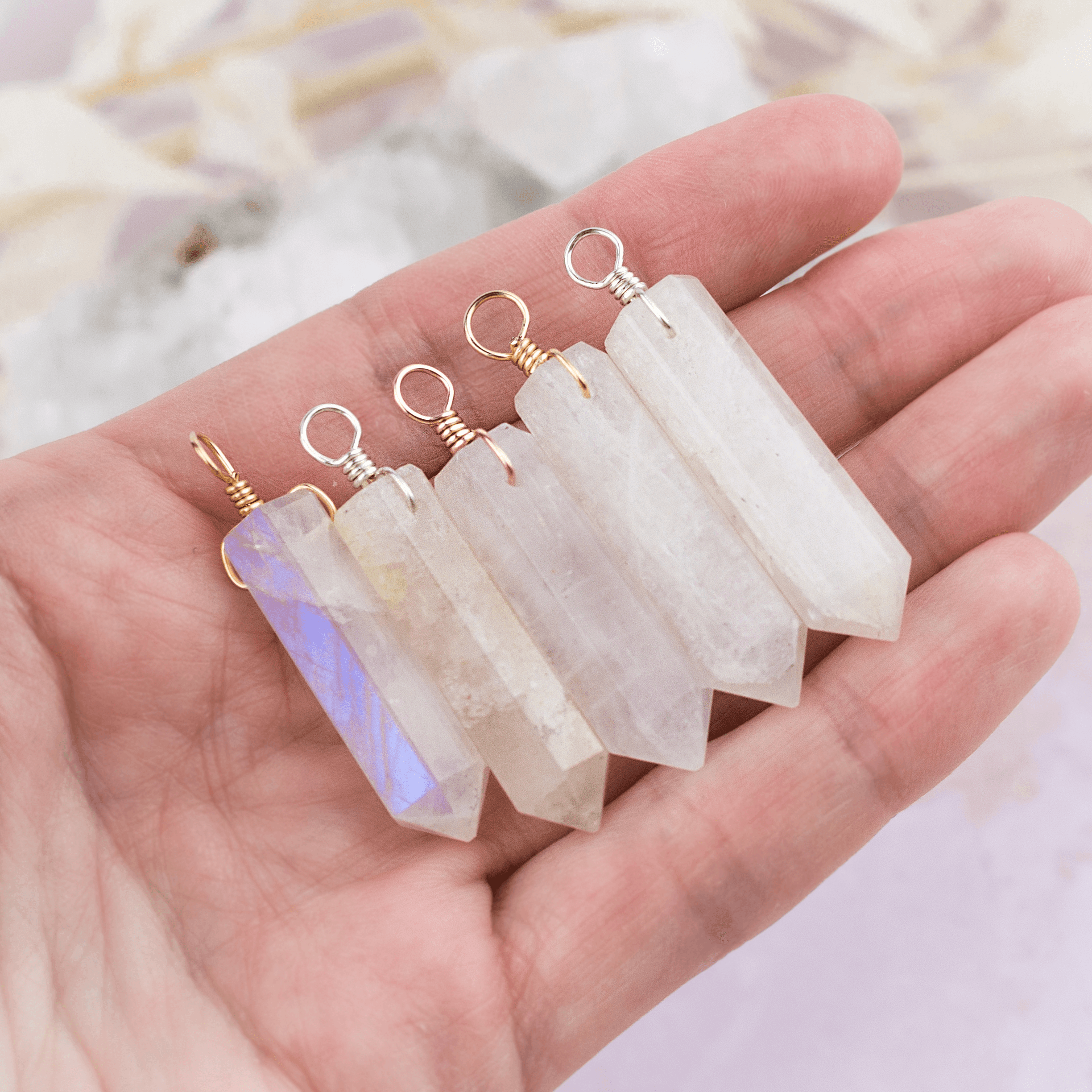 Large Rainbow Moonstone Crystal Tower Point Generator Pendant - Large Rainbow Moonstone Crystal Tower Point Generator Pendant - 14k Gold Fill - Luna Tide Handmade Crystal Jewellery