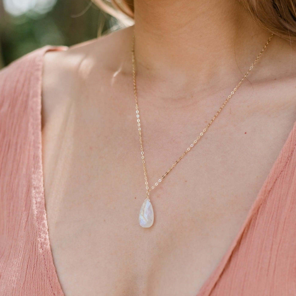 Large Rainbow Moonstone Teardrop Necklace - Large Rainbow Moonstone Teardrop Necklace - 14k Gold Fill / Cable - Luna Tide Handmade Crystal Jewellery