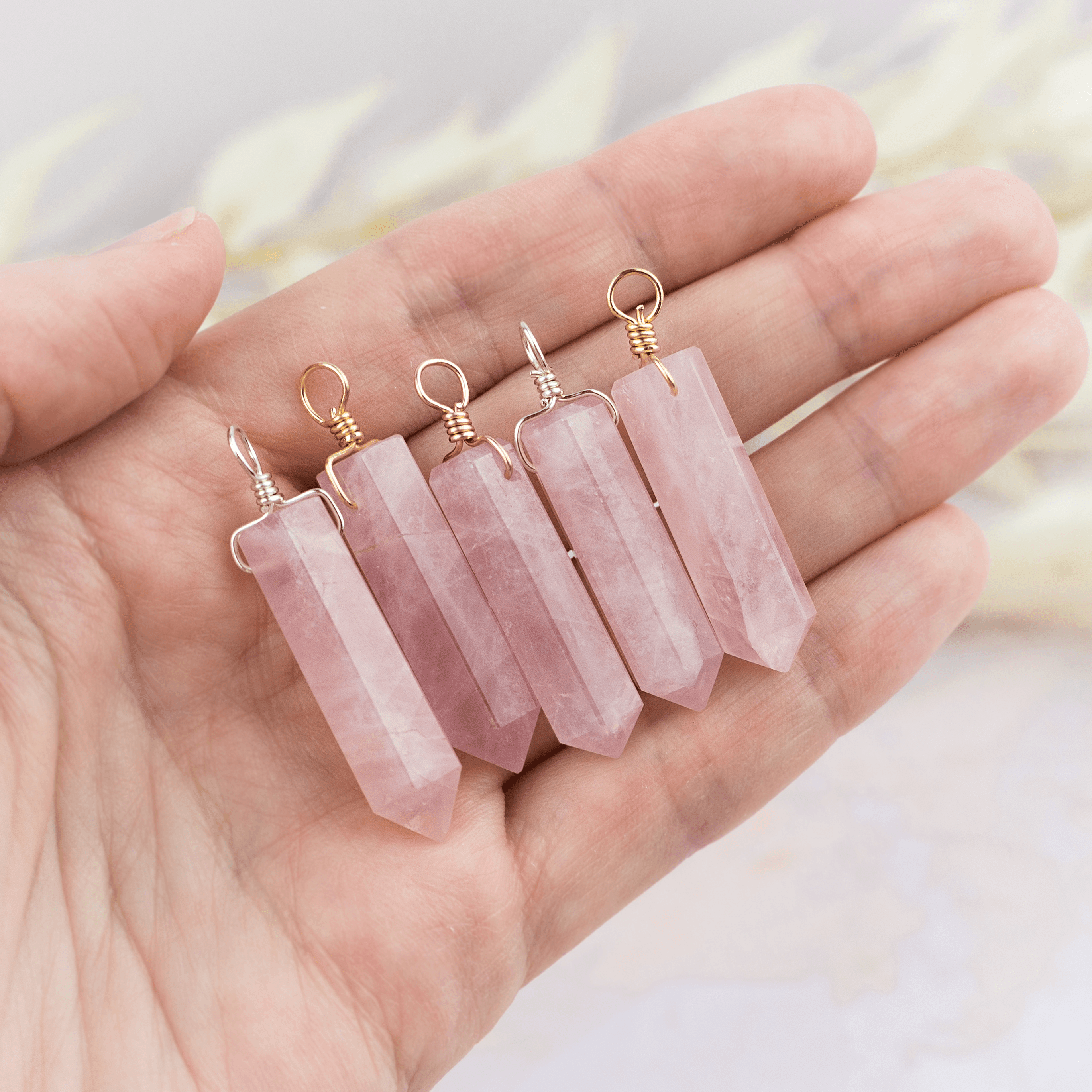 Large Rose Quartz Crystal Tower Point Generator Pendant - Large Rose Quartz Crystal Tower Point Generator Pendant - 14k Gold Fill - Luna Tide Handmade Crystal Jewellery