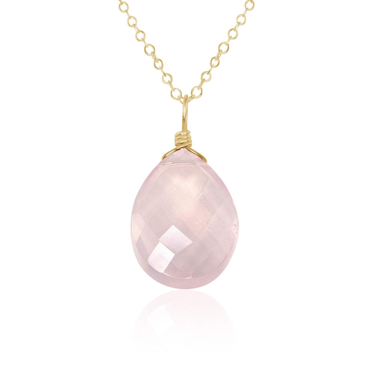 Large Rose Quartz Faceted Teardrop Crystal Pendant Necklace - Large Rose Quartz Faceted Teardrop Crystal Pendant Necklace - 14k Gold Fill / Cable - Luna Tide Handmade Crystal Jewellery