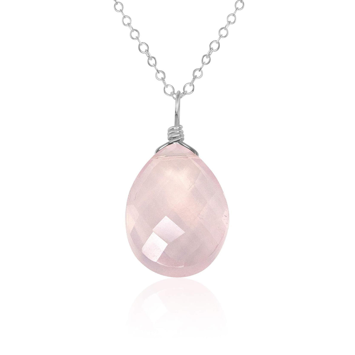 Large Rose Quartz Faceted Teardrop Crystal Pendant Necklace - Large Rose Quartz Faceted Teardrop Crystal Pendant Necklace - Sterling Silver / Cable - Luna Tide Handmade Crystal Jewellery