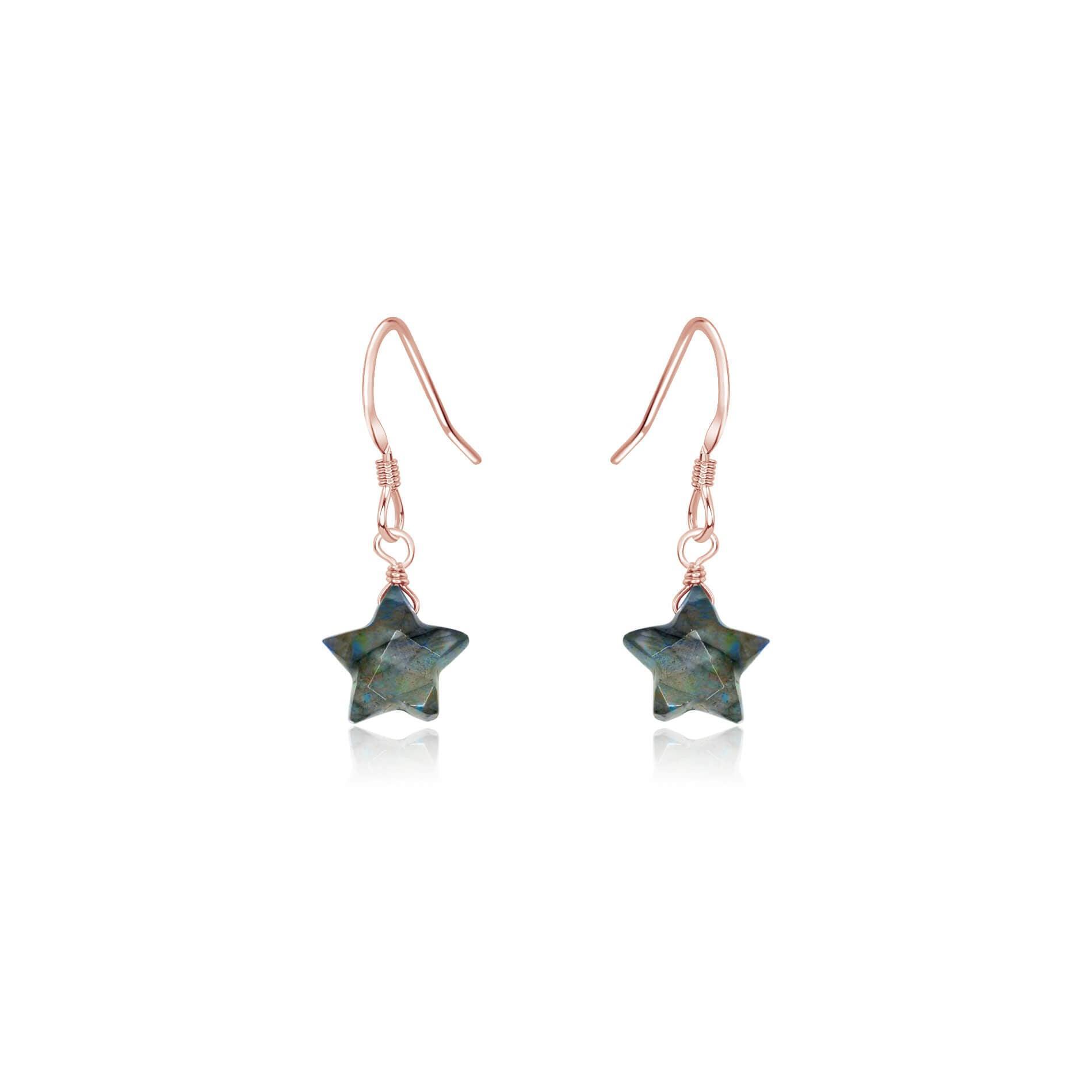 Little Labradorite Star Dangle Drop Earrings - Little Labradorite Star Dangle Drop Earrings - 14k Rose Gold Fill - Luna Tide Handmade Crystal Jewellery