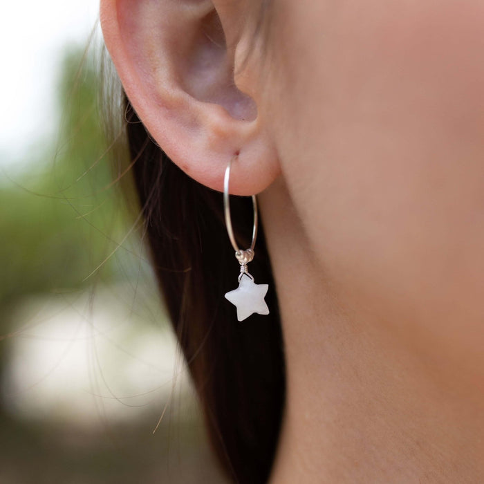 Little Rainbow Moonstone Star Hoop Earrings - Little Rainbow Moonstone Star Hoop Earrings - Sterling Silver - Luna Tide Handmade Crystal Jewellery