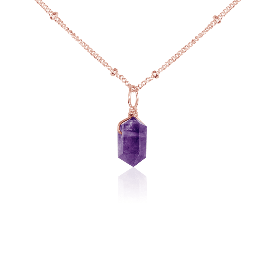 Mini Double Terminated Amethyst Crystal Point Pendant Necklace - Mini Double Terminated Amethyst Crystal Point Pendant Necklace - 14k Rose Gold Fill / Satellite - Luna Tide Handmade Crystal Jewellery