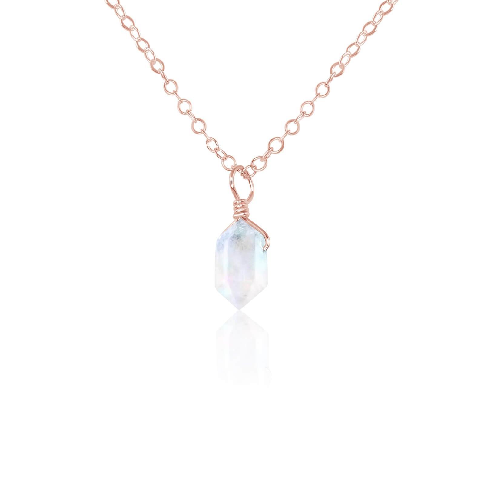 Mini Double Terminated Rainbow Moonstone Crystal Point Pendant Necklace - Mini Double Terminated Rainbow Moonstone Crystal Point Pendant Necklace - 14k Rose Gold Fill / Cable - Luna Tide Handmade Crystal Jewellery