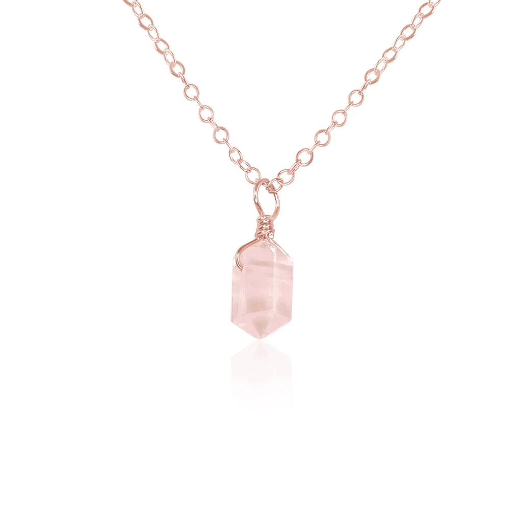 Mini Double Terminated Rose Quartz Crystal Point Pendant Necklace - Mini Double Terminated Rose Quartz Crystal Point Pendant Necklace - 14k Rose Gold Fill / Cable - Luna Tide Handmade Crystal Jewellery