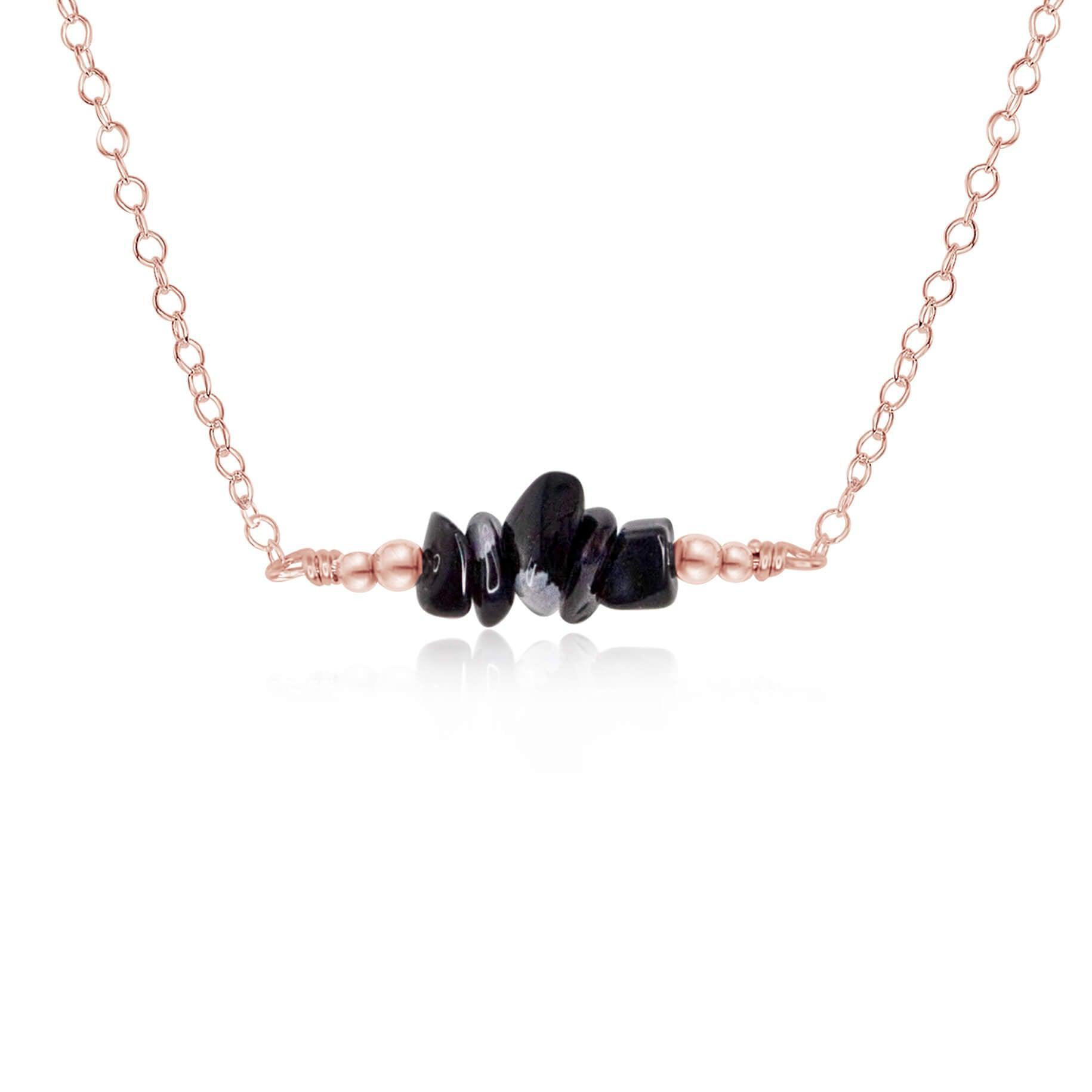 Obsidian Chip Bead Bar Necklace - Obsidian Chip Bead Bar Necklace - 14k Rose Gold Fill - Luna Tide Handmade Crystal Jewellery