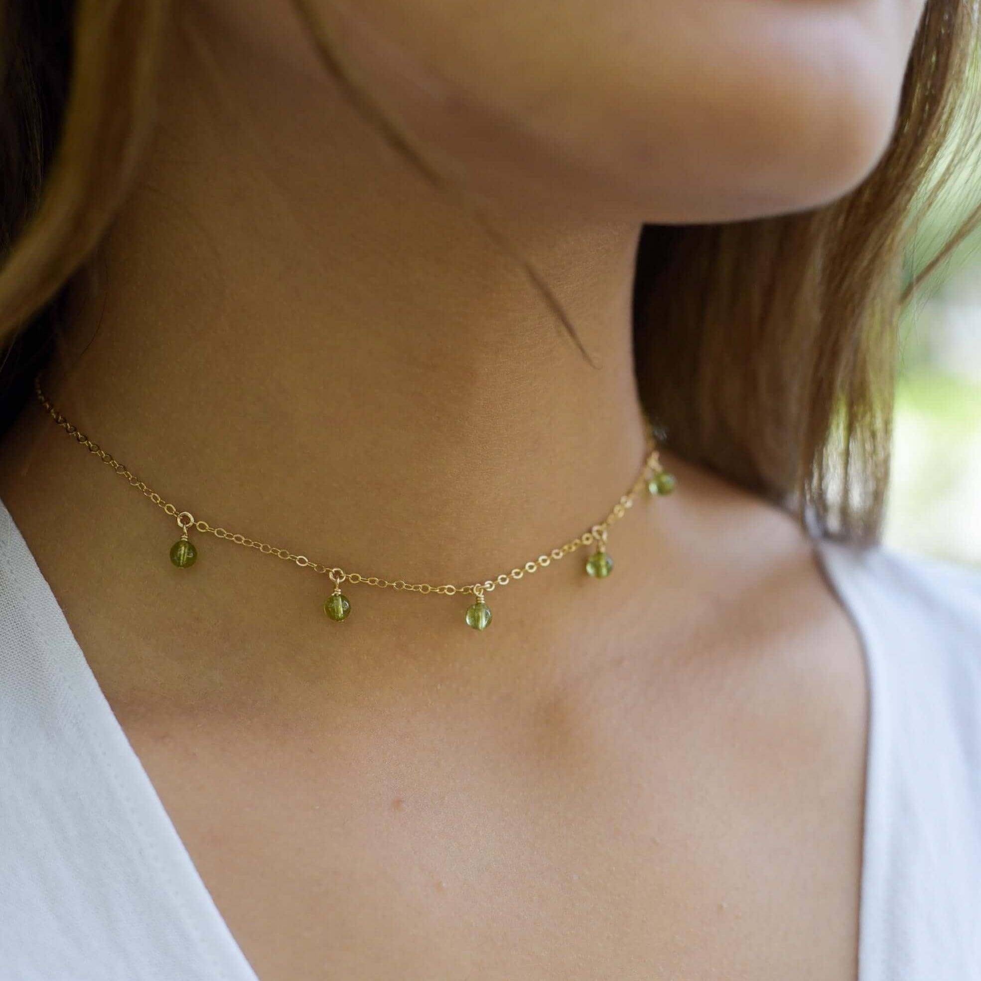 Peridot Bead Drop Choker - Peridot Bead Drop Choker - 14k Gold Fill - Luna Tide Handmade Crystal Jewellery