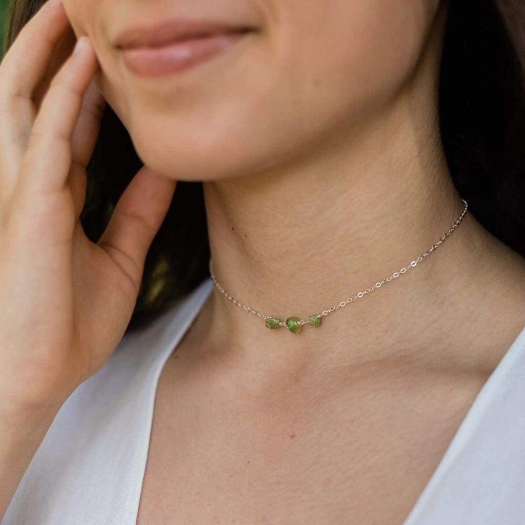 Peridot Beaded Chain Choker Necklace - Peridot Beaded Chain Choker Necklace - Sterling Silver - Luna Tide Handmade Crystal Jewellery