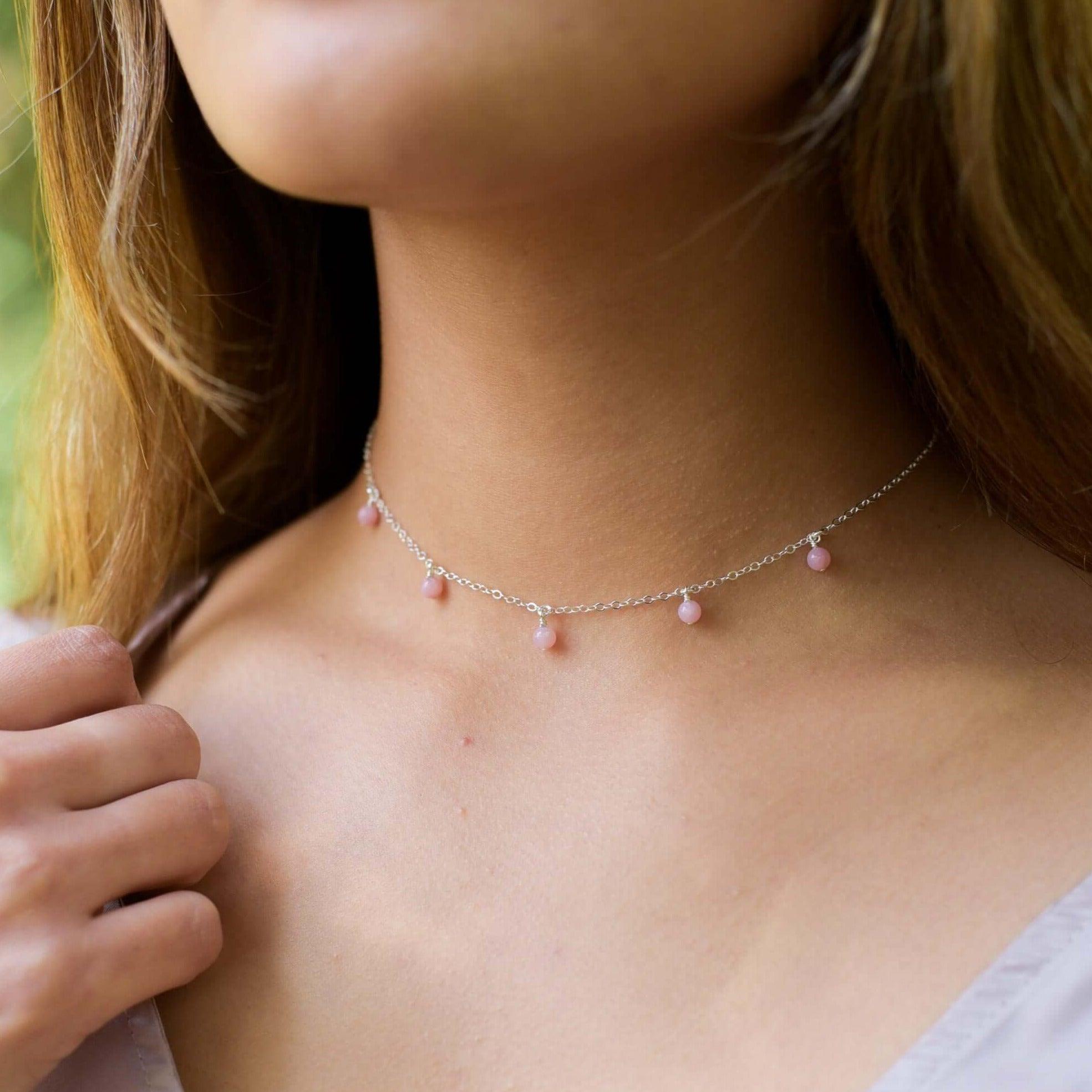 Pink Peruvian Opal Bead Drop Choker - Pink Peruvian Opal Bead Drop Choker - Sterling Silver - Luna Tide Handmade Crystal Jewellery