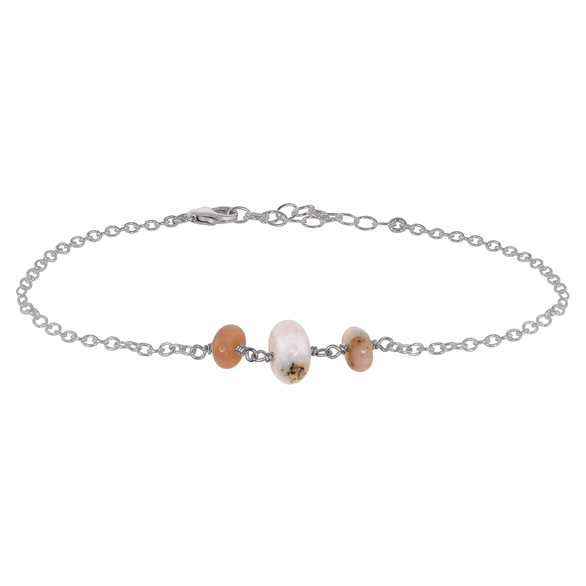 Pink Peruvian Opal Beaded Chain Anklet - Pink Peruvian Opal Beaded Chain Anklet - Stainless Steel - Luna Tide Handmade Crystal Jewellery