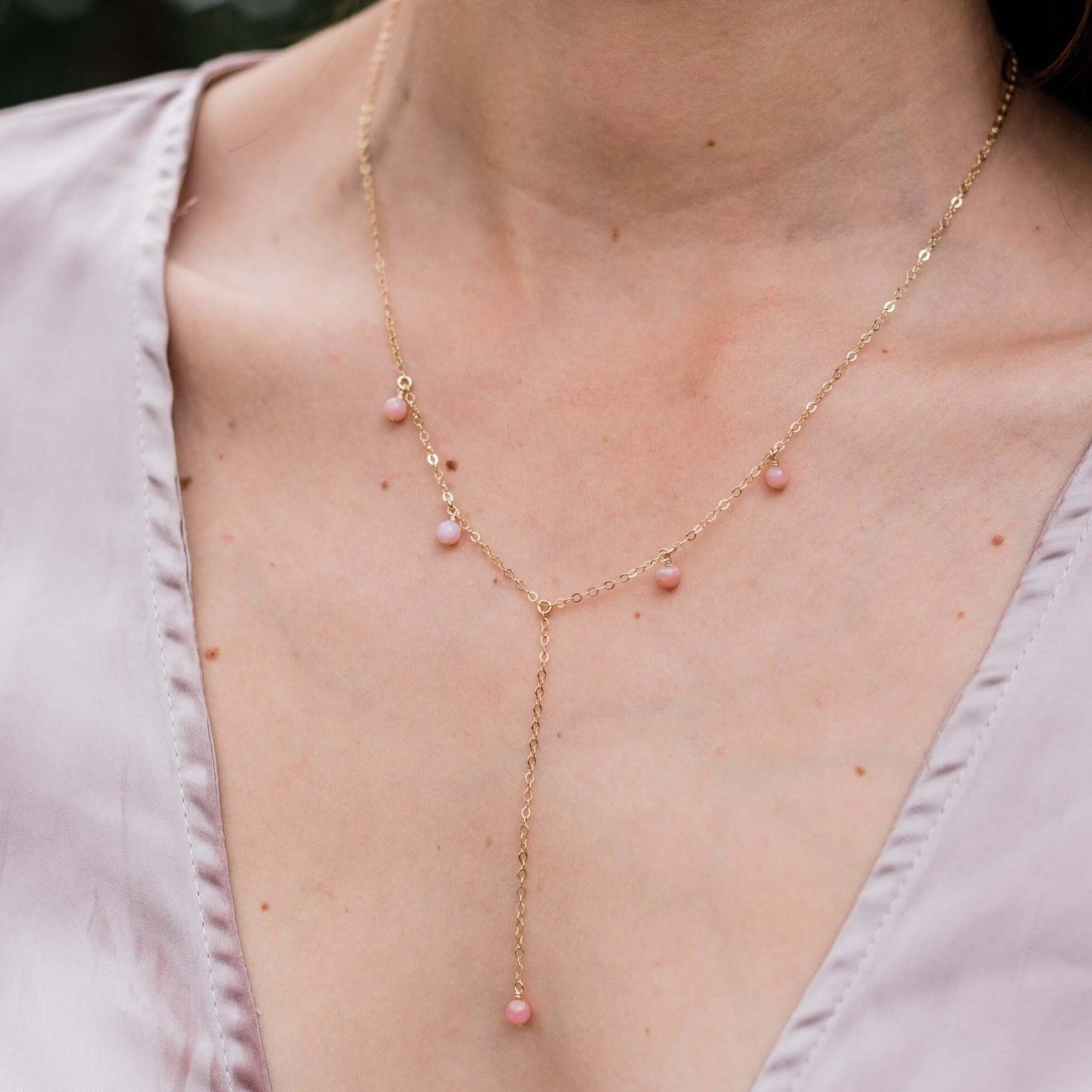 Pink Peruvian Opal Boho Lariat Necklace - Pink Peruvian Opal Boho Lariat Necklace - Sterling Silver - Luna Tide Handmade Crystal Jewellery