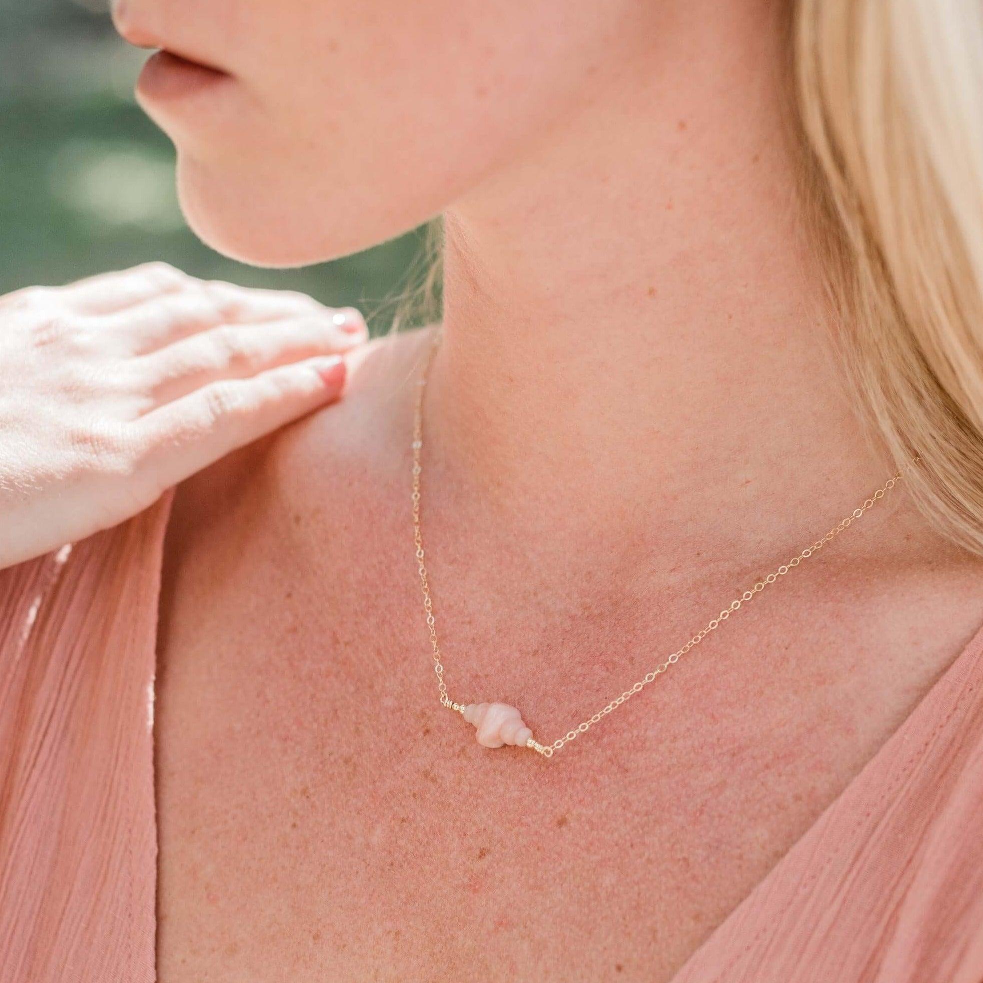 Pink Peruvian Opal Chip Bead Bar Necklace - Pink Peruvian Opal Chip Bead Bar Necklace - 14k Gold Fill - Luna Tide Handmade Crystal Jewellery