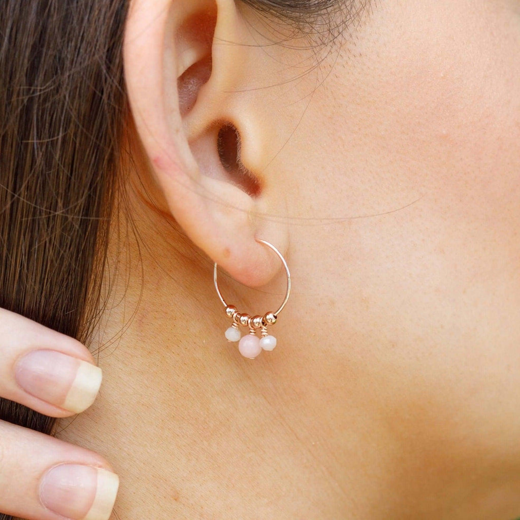 Pink Peruvian Opal Gemstone Bead Drop Hoop Earrings - Pink Peruvian Opal Gemstone Bead Drop Hoop Earrings - 14k Gold Fill - Luna Tide Handmade Crystal Jewellery