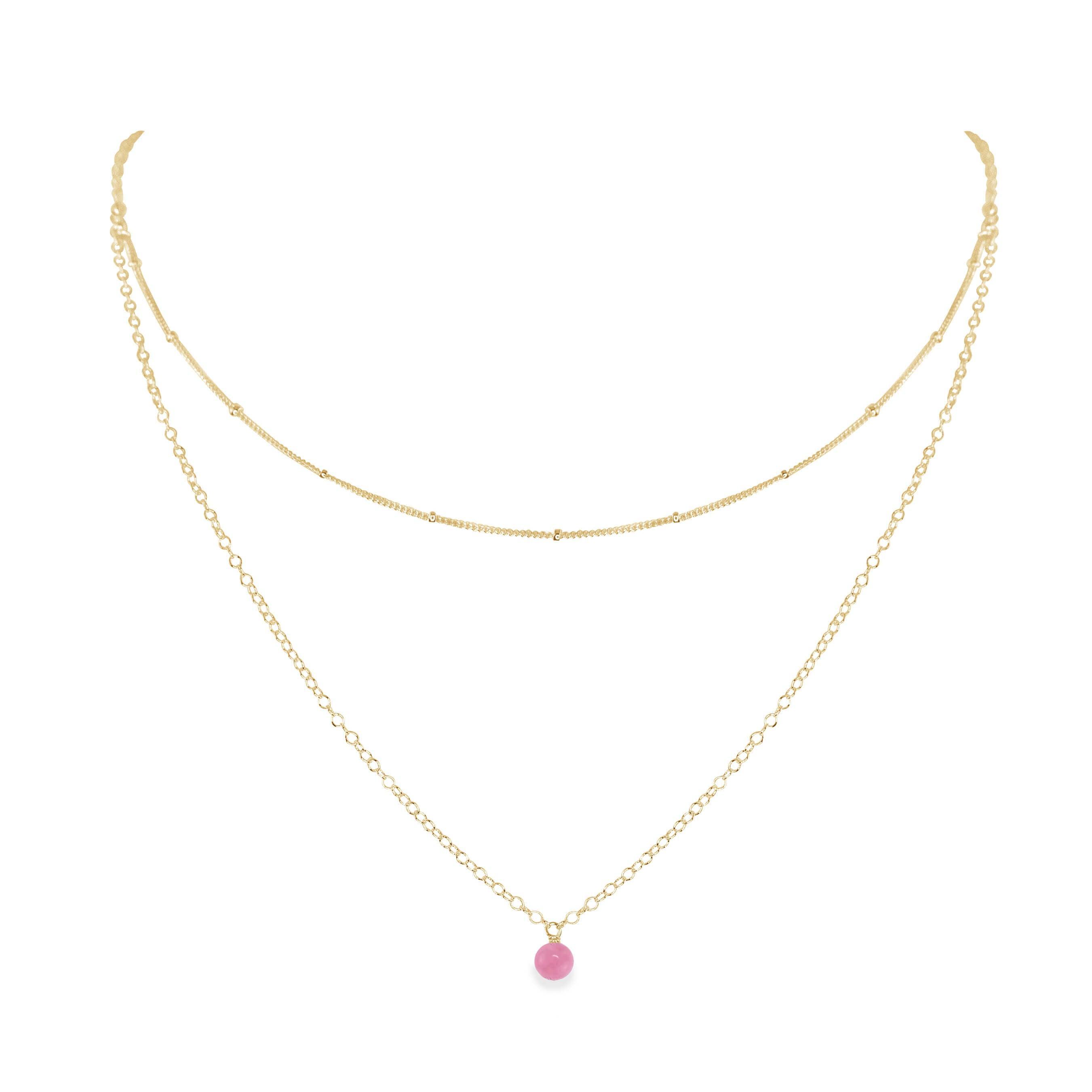 Pink Peruvian Opal Gemstone Chain Layered Choker Necklace - Pink Peruvian Opal Gemstone Chain Layered Choker Necklace - 14k Gold Fill - Luna Tide Handmade Crystal Jewellery