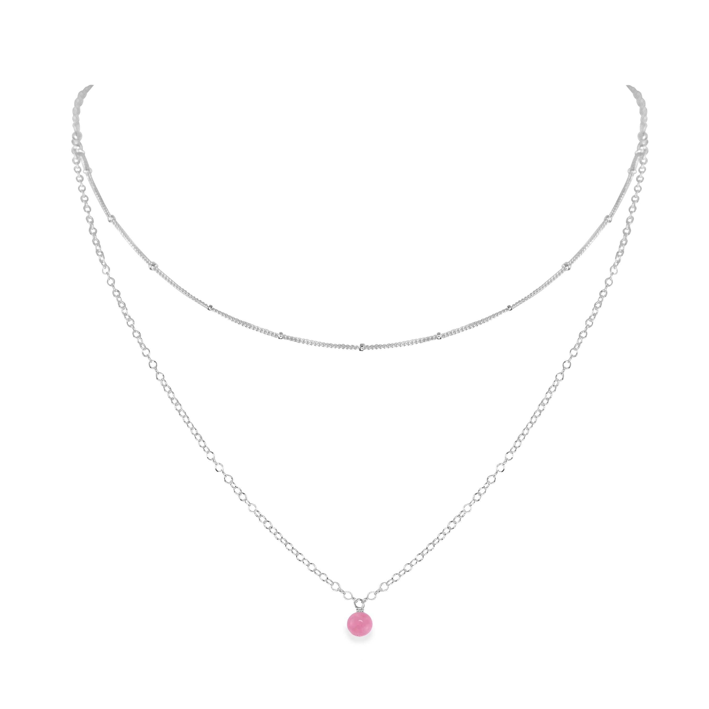 Pink Peruvian Opal Gemstone Chain Layered Choker Necklace - Pink Peruvian Opal Gemstone Chain Layered Choker Necklace - Sterling Silver - Luna Tide Handmade Crystal Jewellery