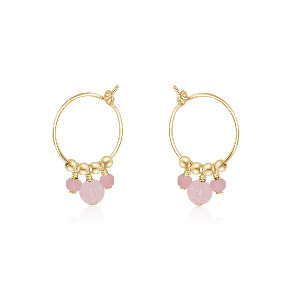 Pink Rose Quartz Gemstone Bead Drop Hoop Earrings - Pink Rose Quartz Gemstone Bead Drop Hoop Earrings - 14k Gold Fill - Luna Tide Handmade Crystal Jewellery