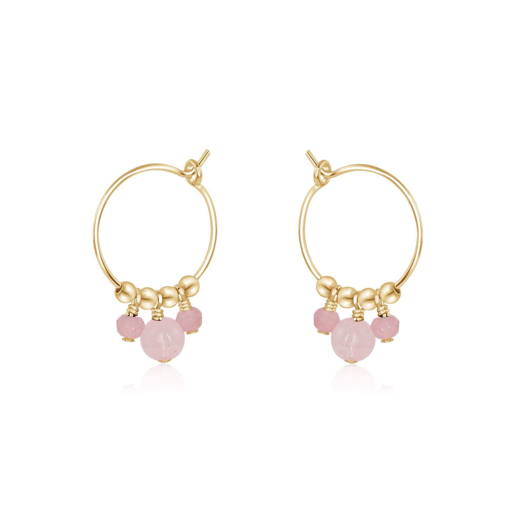 Pink Rose Quartz Gemstone Bead Drop Hoop Earrings - Pink Rose Quartz Gemstone Bead Drop Hoop Earrings - 14k Gold Fill - Luna Tide Handmade Crystal Jewellery