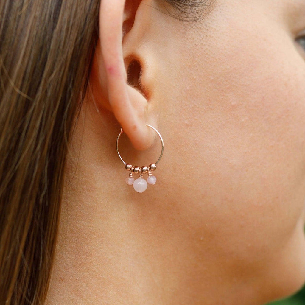 Pink Rose Quartz Gemstone Bead Drop Hoop Earrings - Pink Rose Quartz Gemstone Bead Drop Hoop Earrings - 14k Gold Fill - Luna Tide Handmade Crystal Jewellery