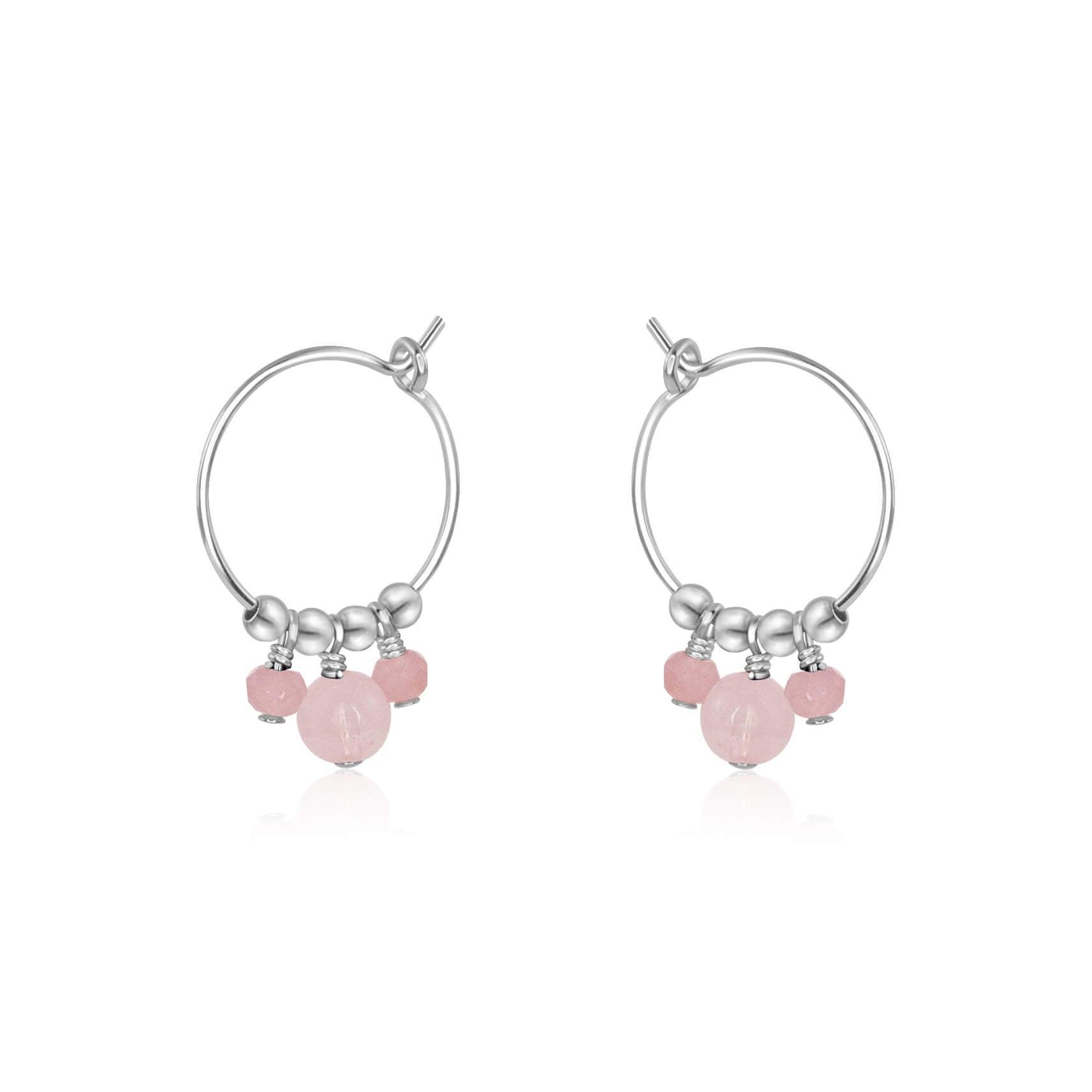 Pink Rose Quartz Gemstone Bead Drop Hoop Earrings - Pink Rose Quartz Gemstone Bead Drop Hoop Earrings - Sterling Silver - Luna Tide Handmade Crystal Jewellery