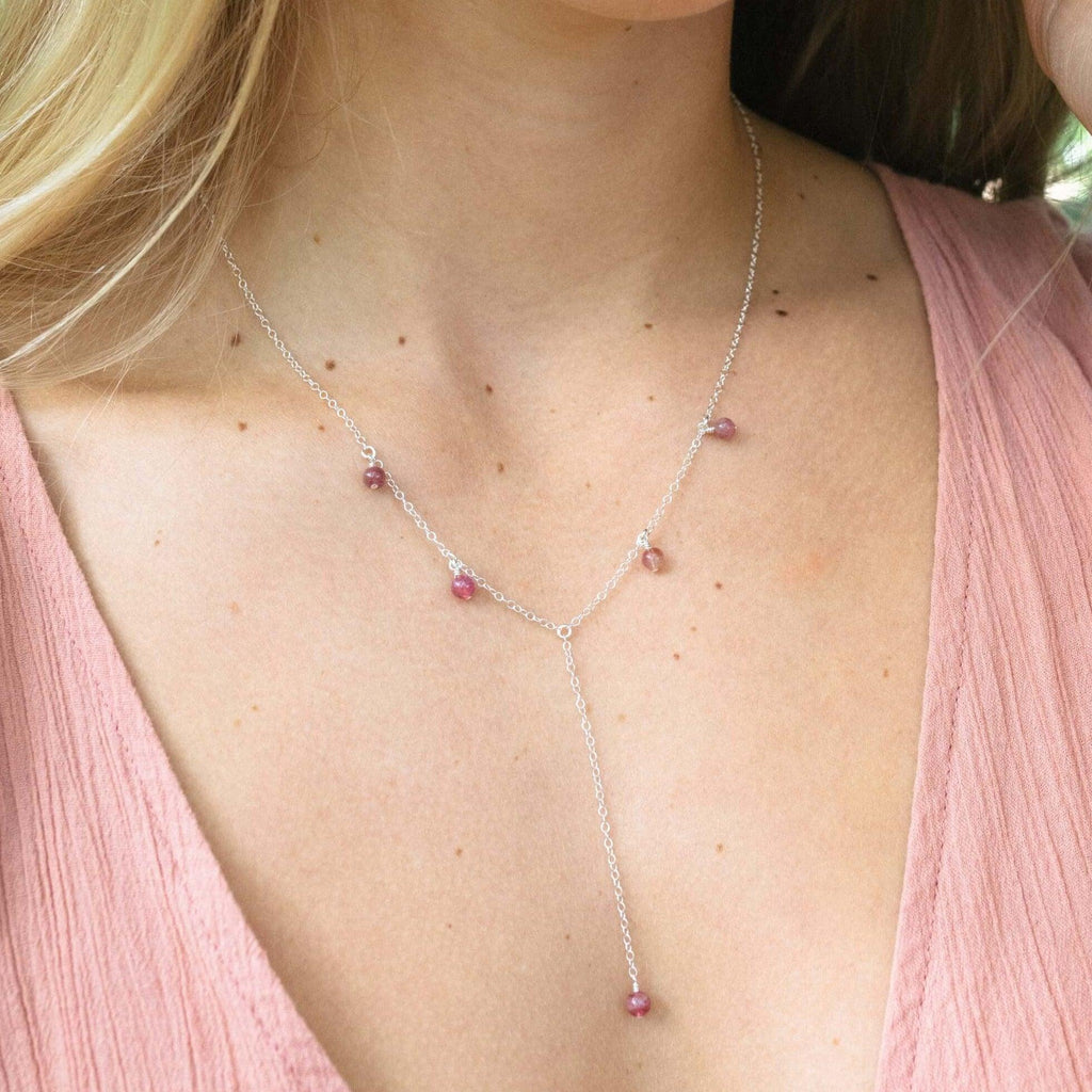 Pink Tourmaline Boho Lariat Necklace - Pink Tourmaline Boho Lariat Necklace - Sterling Silver - Luna Tide Handmade Crystal Jewellery