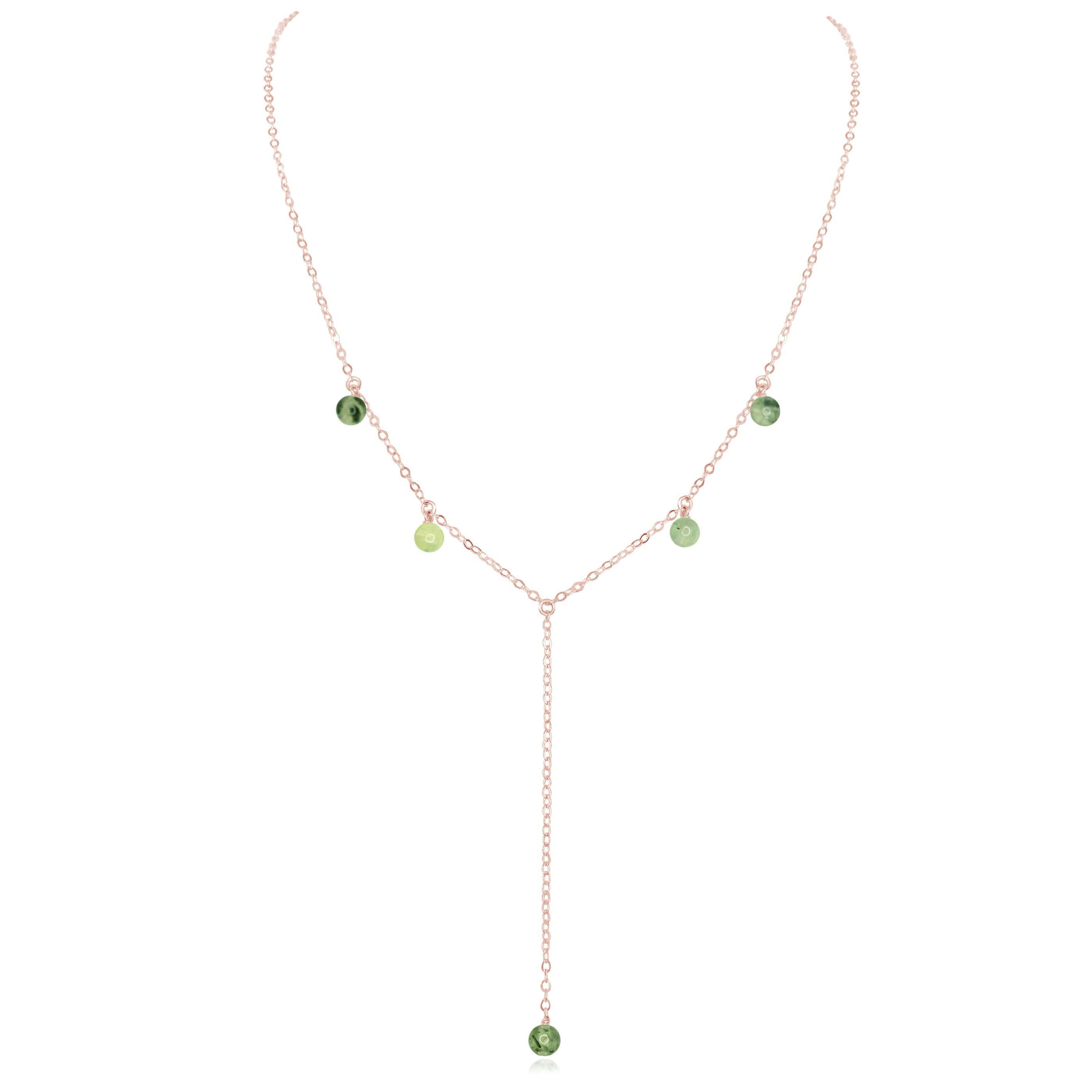 Prehnite Boho Lariat Necklace - Prehnite Boho Lariat Necklace - 14k Rose Gold Fill - Luna Tide Handmade Crystal Jewellery