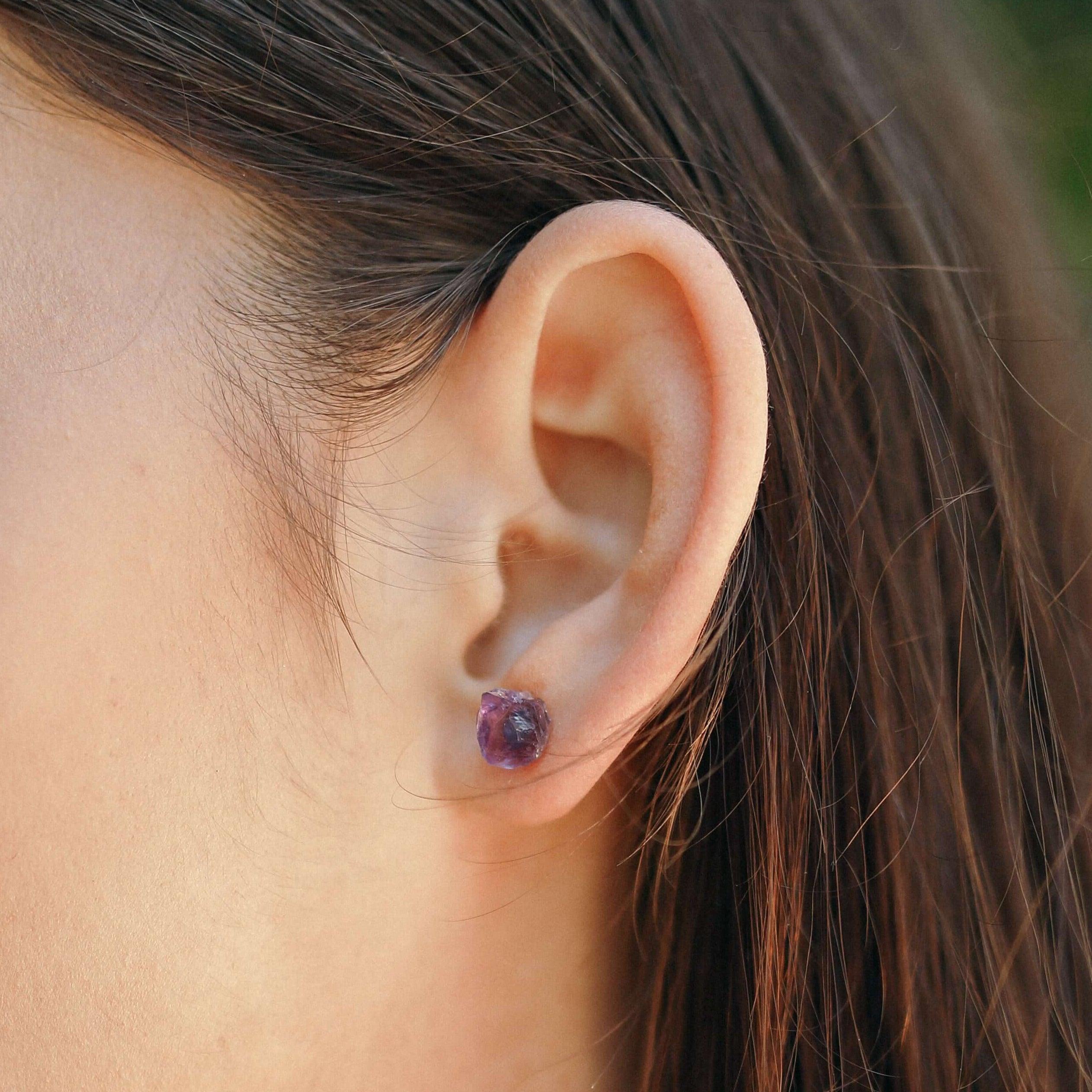 Custom Raw Crystal Gemstone Stud Earrings - Custom Raw Crystal Gemstone Stud Earrings - Sterling Silver / Amethyst for February - Luna Tide Handmade Crystal Jewellery