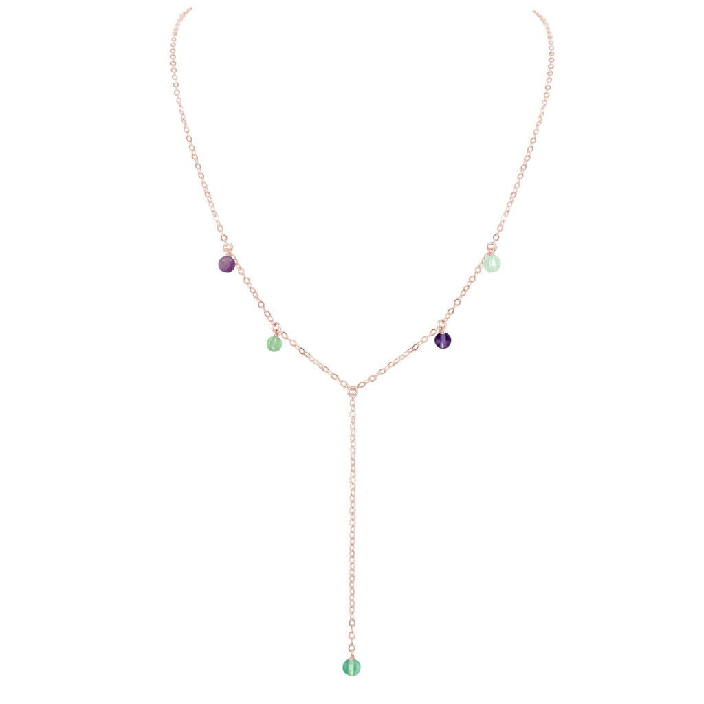 Rainbow Fluorite Crystal Boho Lariat Necklace - Rainbow Fluorite Crystal Boho Lariat Necklace - 14k Rose Gold Fill - Luna Tide Handmade Crystal Jewellery