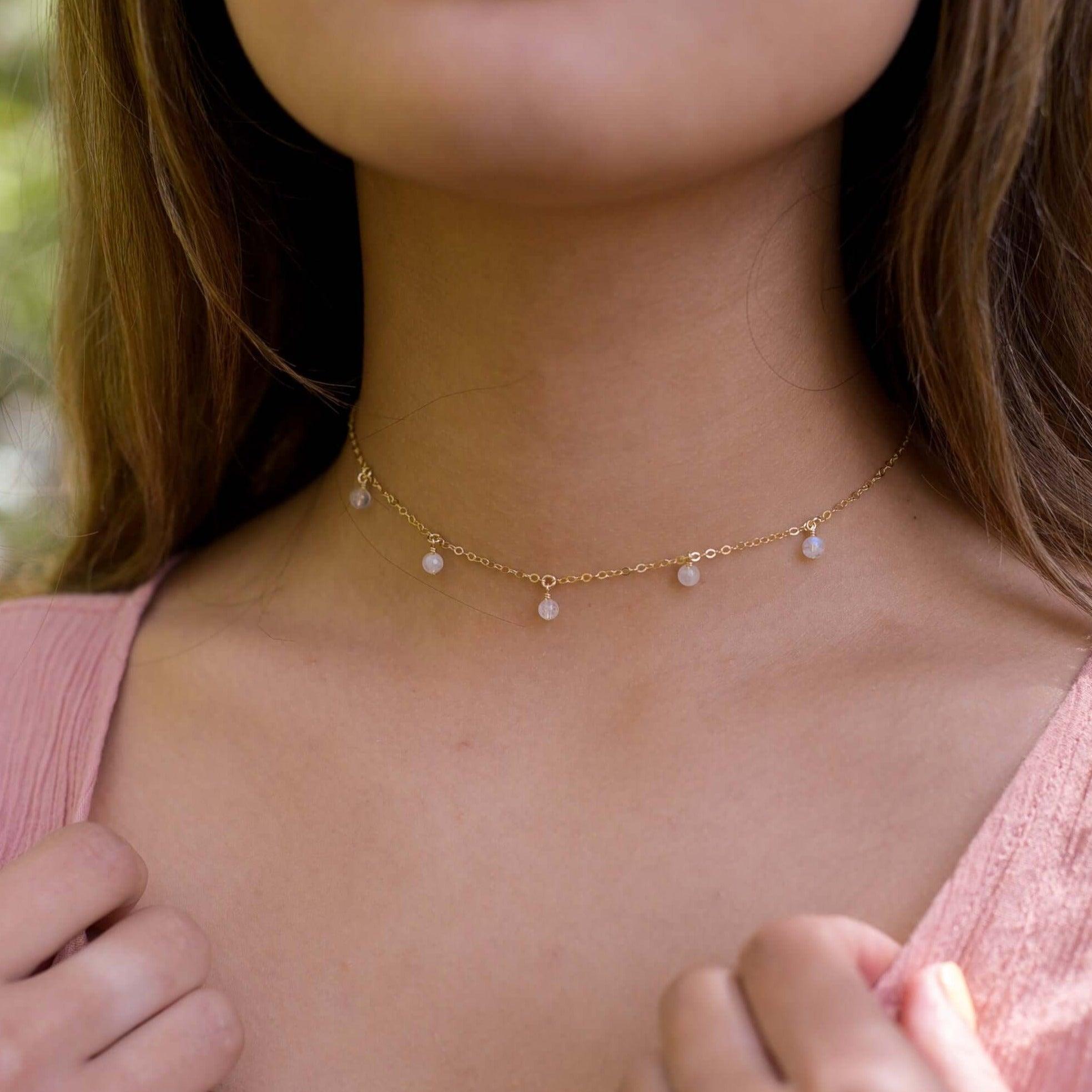 Rainbow Moonstone Bead Drop Choker - Rainbow Moonstone Bead Drop Choker - Sterling Silver - Luna Tide Handmade Crystal Jewellery