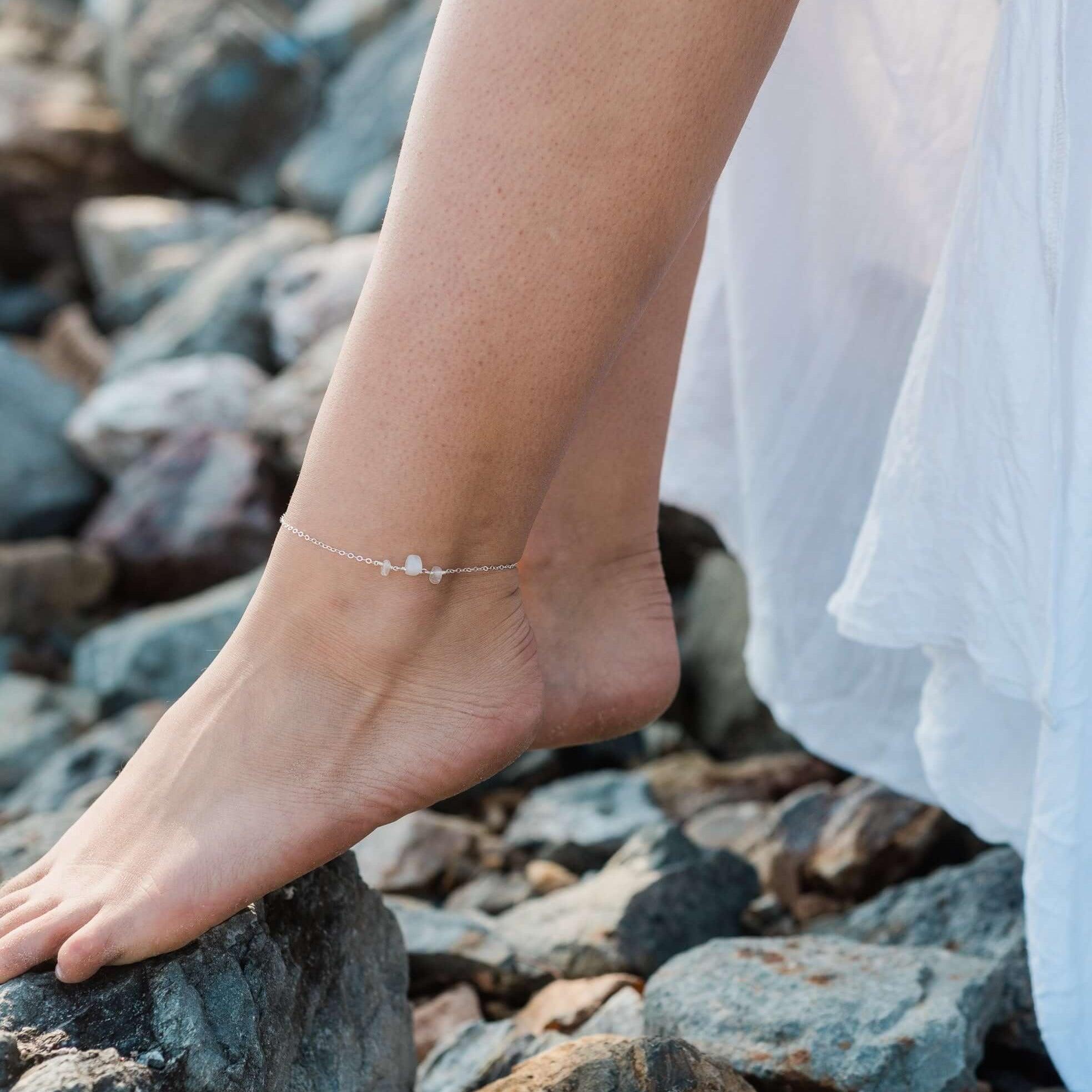 Rainbow Moonstone Beaded Chain Anklet - Rainbow Moonstone Beaded Chain Anklet - 14k Gold Fill - Luna Tide Handmade Crystal Jewellery