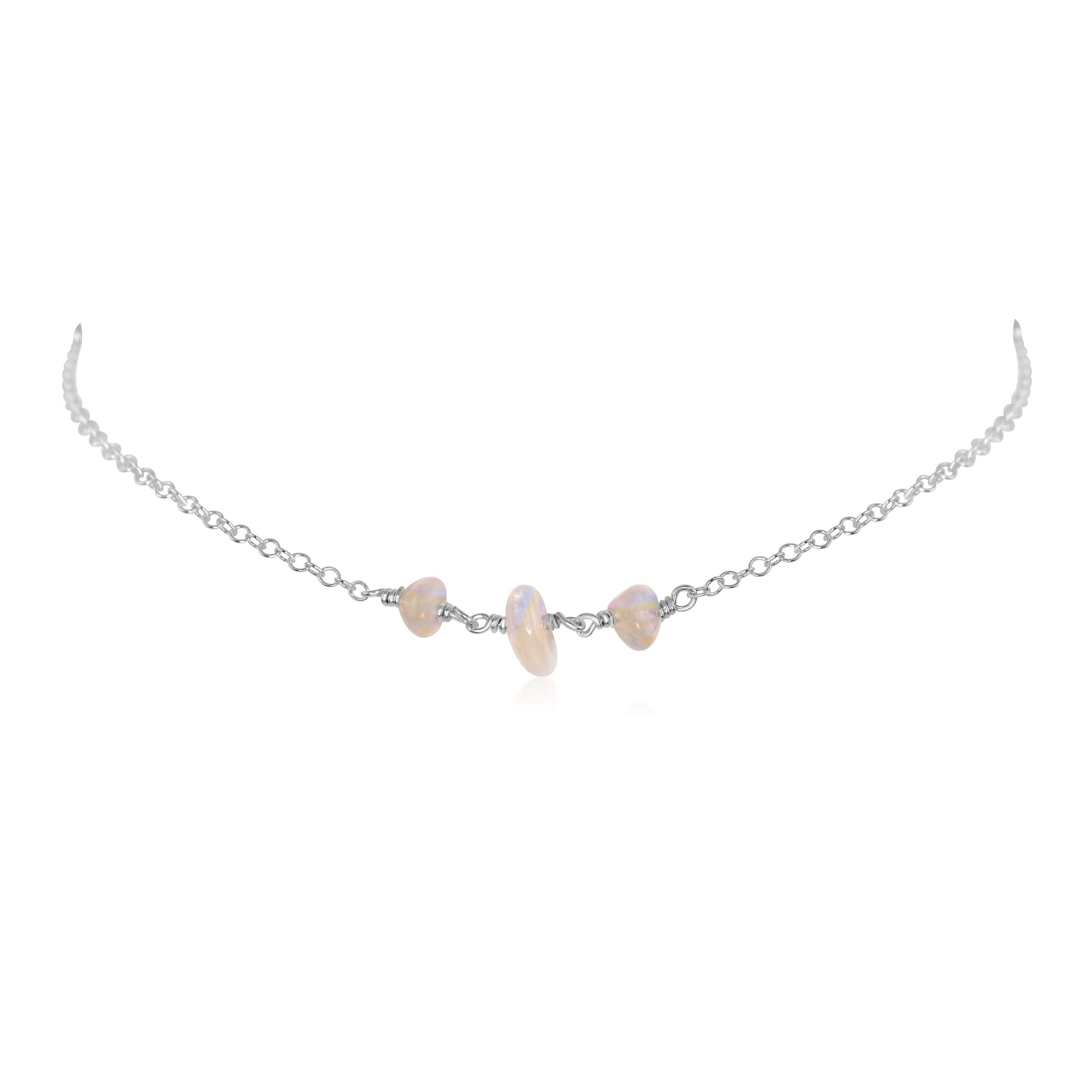 Rainbow Moonstone Beaded Chain Choker Necklace - Rainbow Moonstone Beaded Chain Choker Necklace - Sterling Silver - Luna Tide Handmade Crystal Jewellery