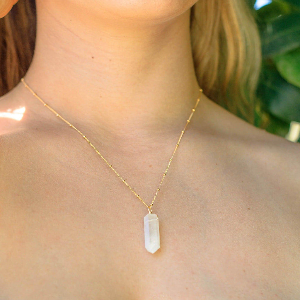 Rainbow Moonstone Crystal Generator Point Pendant Necklace - Rainbow Moonstone Crystal Generator Point Pendant Necklace - 14k Gold Fill / Cable - Luna Tide Handmade Crystal Jewellery