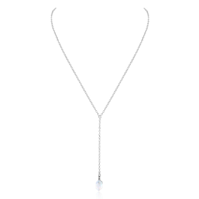 Rainbow Moonstone Double Terminated Mini Crystal Point Lariat Necklace - Rainbow Moonstone Double Terminated Mini Crystal Point Lariat Necklace - Sterling Silver - Luna Tide Handmade Crystal Jewellery