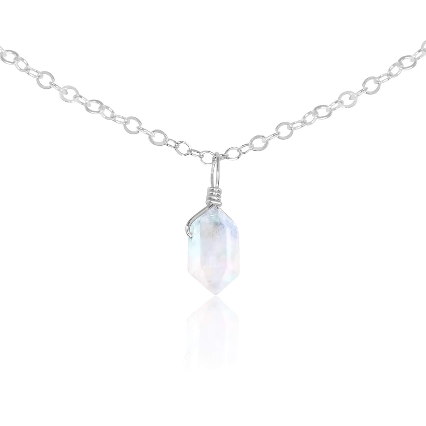 Rainbow Moonstone Mini Double Terminated Crystal Point Pendant Choker Necklace - Rainbow Moonstone Mini Double Terminated Crystal Point Pendant Choker Necklace - Sterling Silver / Cable - Luna Tide Handmade Crystal Jewellery