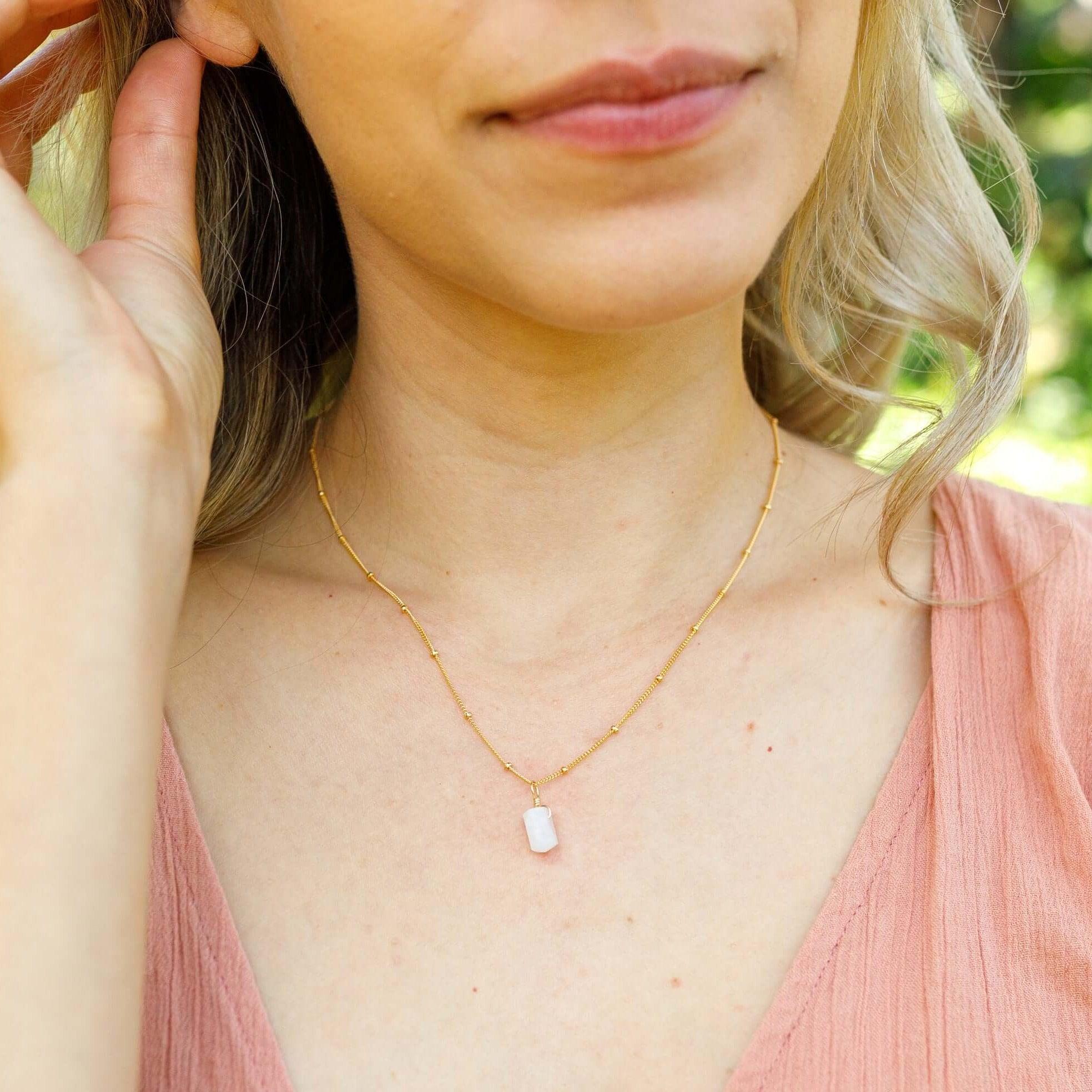 Rainbow Moonstone Mini Double Terminated Crystal Point Pendant Necklace - Rainbow Moonstone Mini Double Terminated Crystal Point Pendant Necklace - 14k Gold Fill / Cable - Luna Tide Handmade Crystal Jewellery