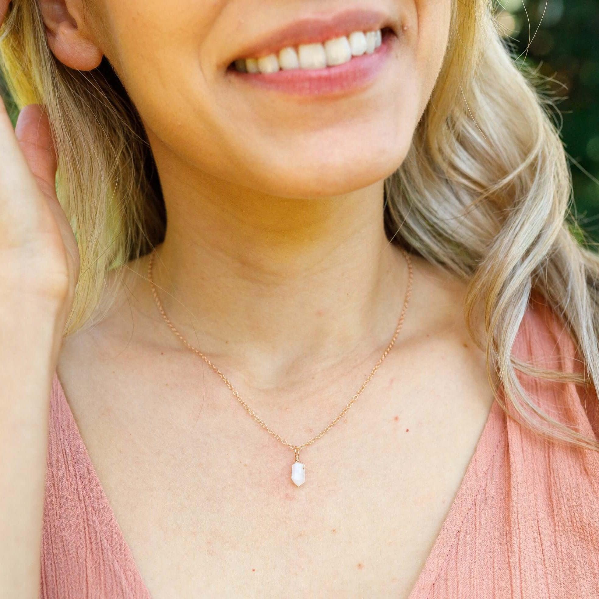 Rainbow Moonstone Mini Double Terminated Crystal Point Pendant Necklace - Rainbow Moonstone Mini Double Terminated Crystal Point Pendant Necklace - 14k Gold Fill / Cable - Luna Tide Handmade Crystal Jewellery